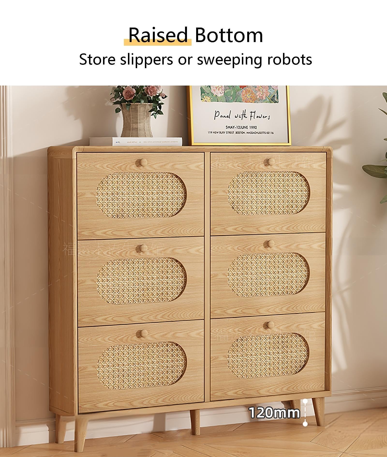 Scarpiera a Ribalta in Rattan Intrecciato Sottile con Cassetti a Ribalta, Mobile D'ingresso Di Grande Capacità per il Corridoio, Mobile D'accento Naturale con Ante in Rattan Fatte a Mano(39.4*10in)