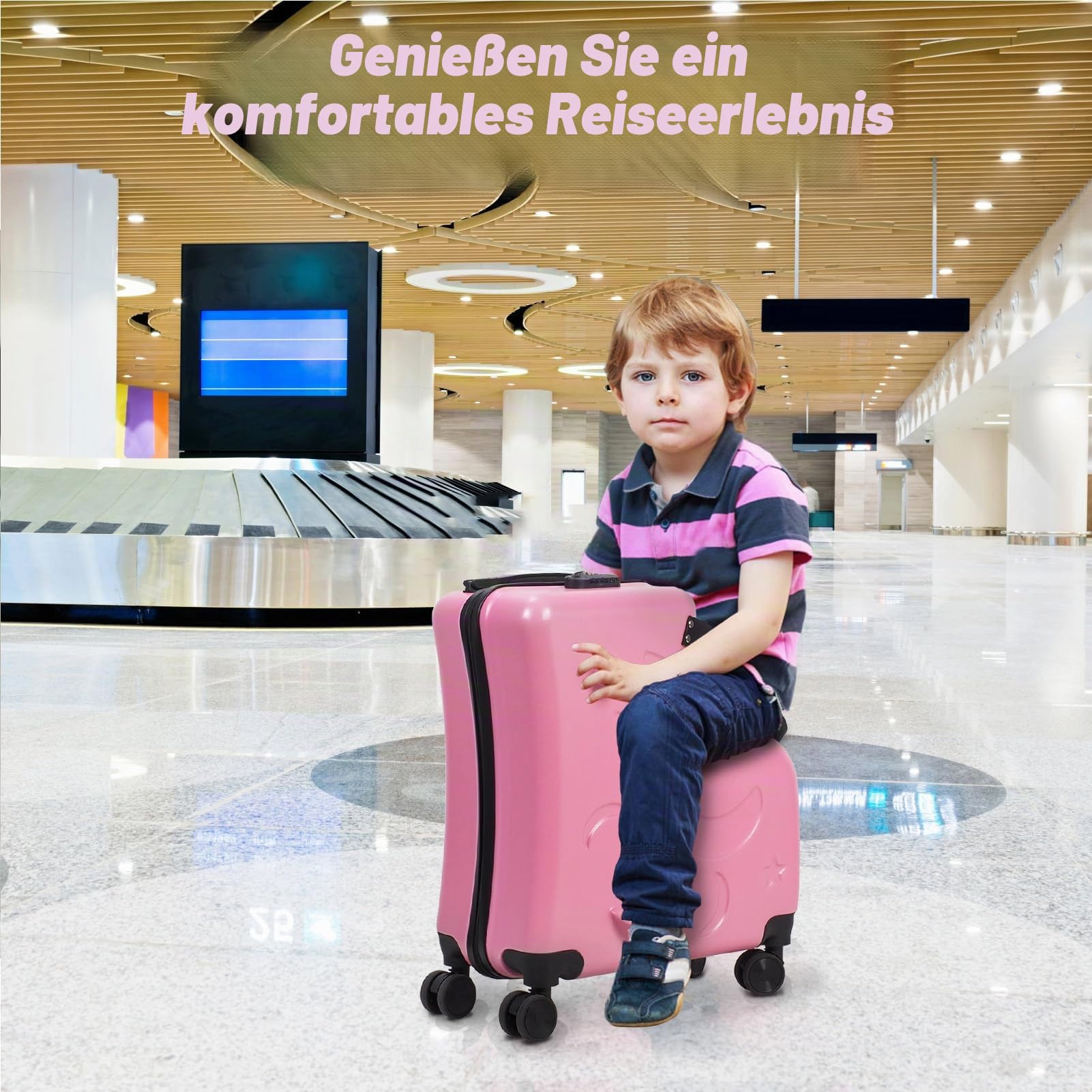 Rolling Kid Trolley mit Sitz, Rosa, Klassisch | Rollen und Gürtel, 4 Lenkrollen, Großes Fassungsvermögen, Für Flugzeug/Zug, Langlebiges Handgepäck