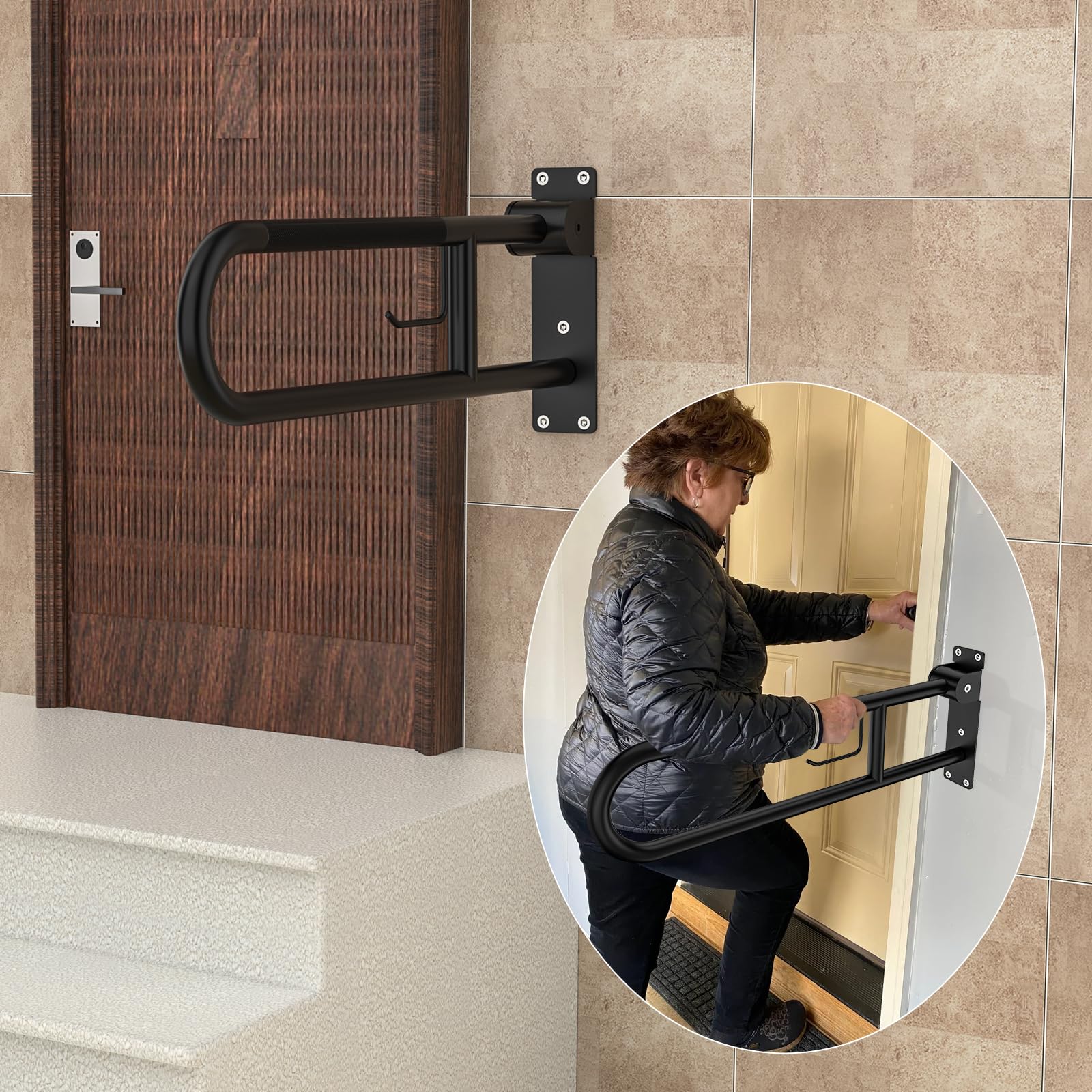ZUEXT Maniglia per WC ribaltabile a forma di U, 80 cm, con porta carta | Corrimano di sicurezza antiscivolo pieghevole per bagno, in acciaio inox, per anziani, disabili, incinte