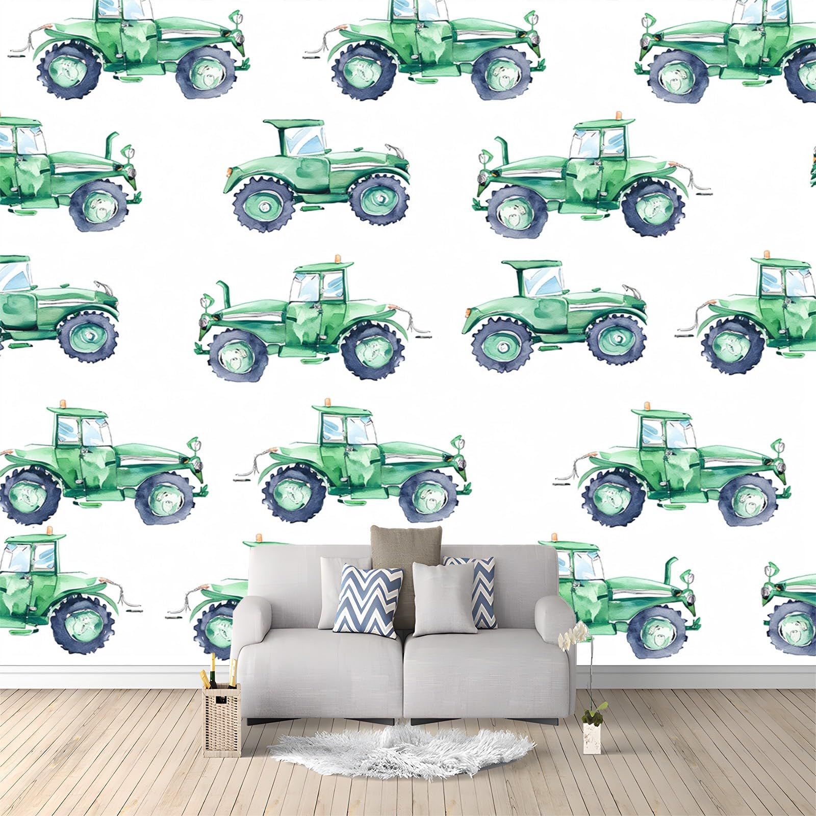 Papier peint panoramique tracteur vert pour émerveiller la chambre d'enfants