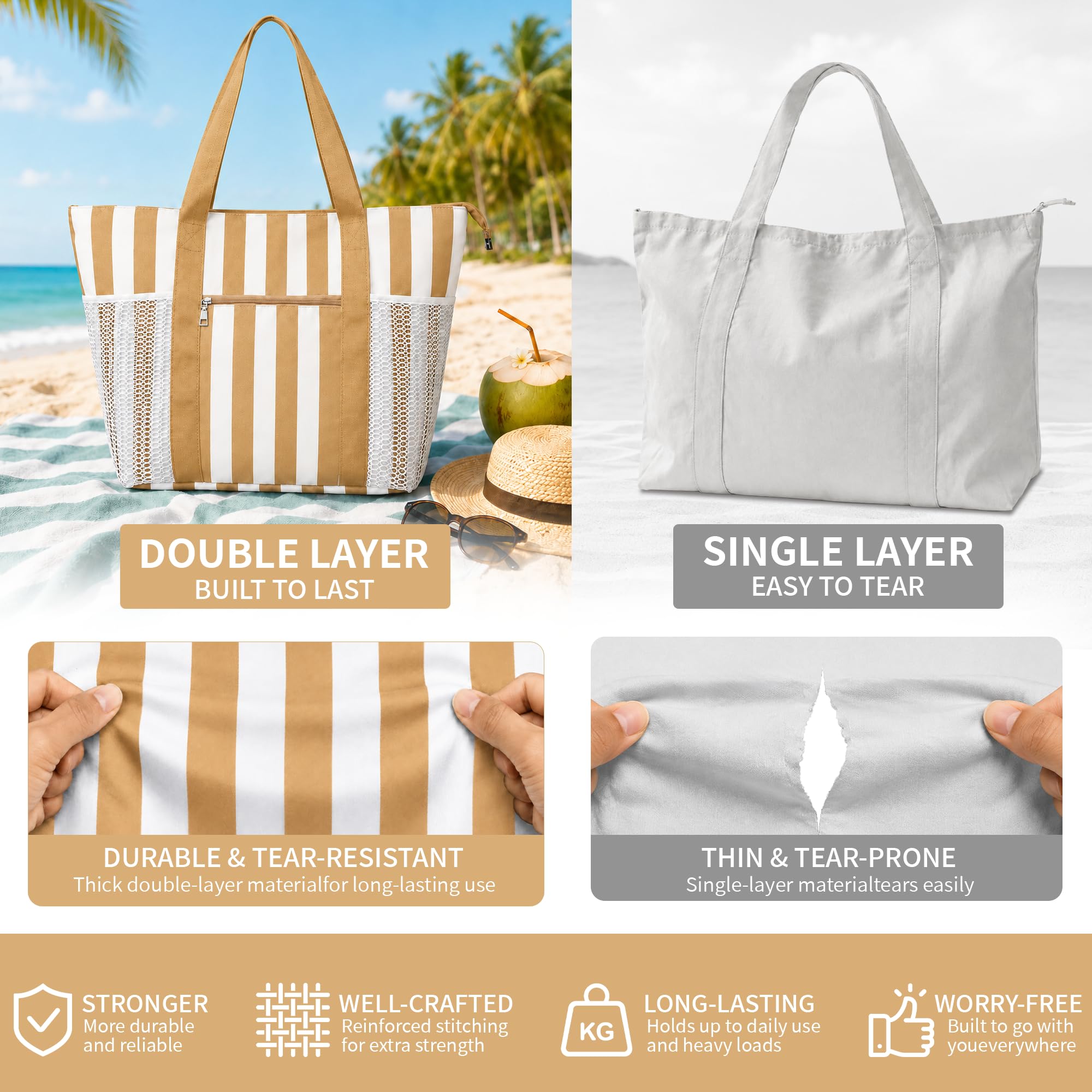 TAHAVICE Sac de plage pour femme avec fermeture éclair, grand sac de plage XXL famille