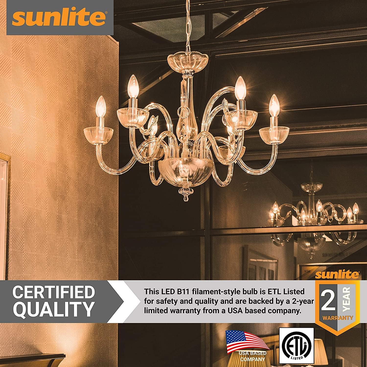 Sunlite LED Filament B11 Torpedo Tip Chandelier Light Bulb, ETL Listed, 4 Watts (40W Equivalent), 400 Lumens, Candelabra Base (E12), Edison Style, Dimmable, 2700K Soft White, 12 Count