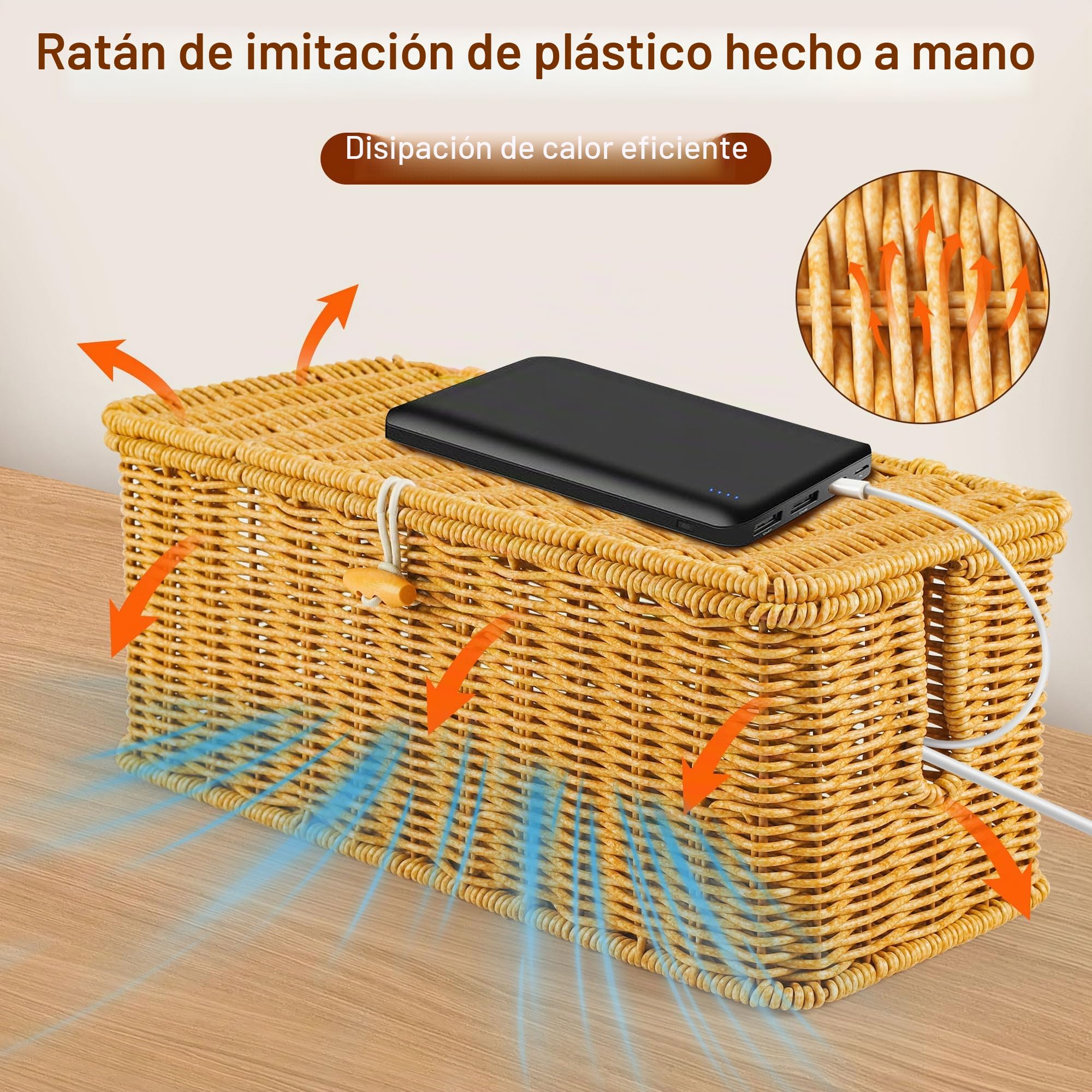 Gucass Juego de 2 Organizadora Cables de Ratán, Cajas Guarda Cables con Tapa, Caja para Cables con 10 Bridas, Organizador Cables Caja para Ocultar Regletas de Enchufes y Cables, para Oficina, Hogar