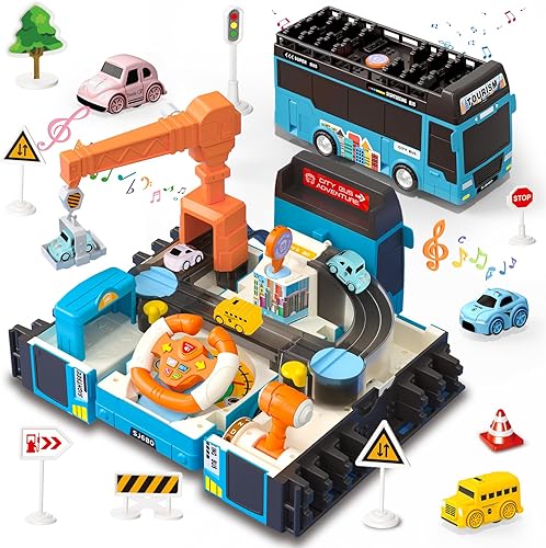 Dwi Dowellin Juguetes de camión para niños pequeños de 1 a 3 años, juguete de autobús con luz de sonido para niños, volante de simulación, juguete