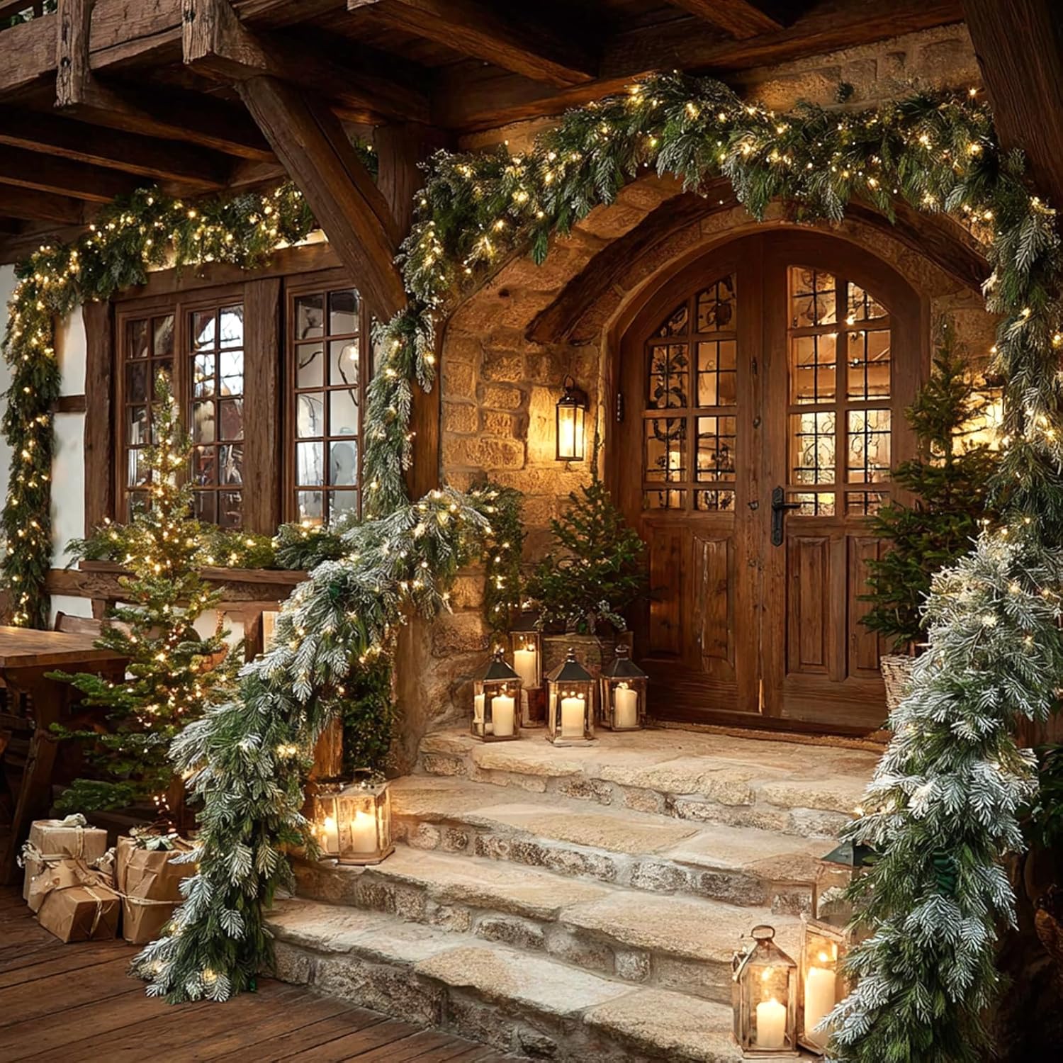 9FT Christmas Garlands Norfolk Pine Garland, Real Touch Artificial Winter Pine Garland, Green Artificial Greenery Garlands with Snowflake for Wall, Mantle, Table, Indoor, Outdoor Christmas Decorations