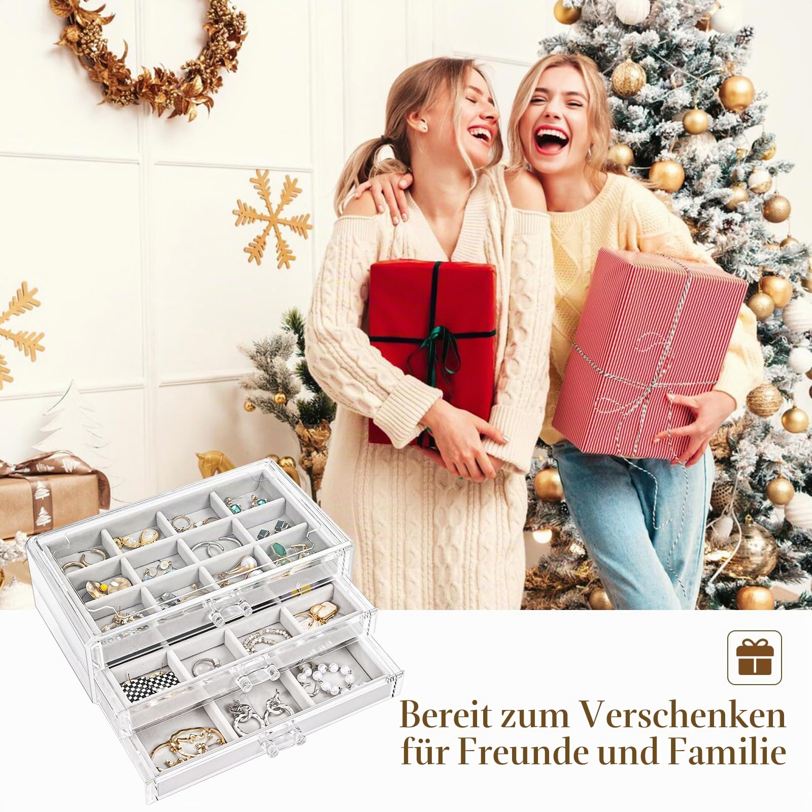 ProCase Acryl Schmuck Organizer Schmuckschatulle für Damen Durchsichtige Schmuckaufbewahrung Schmuckkästchen Schmuckbox mit 3 Schubladen für Ohrringe, Ringe, Armbänder -Grau