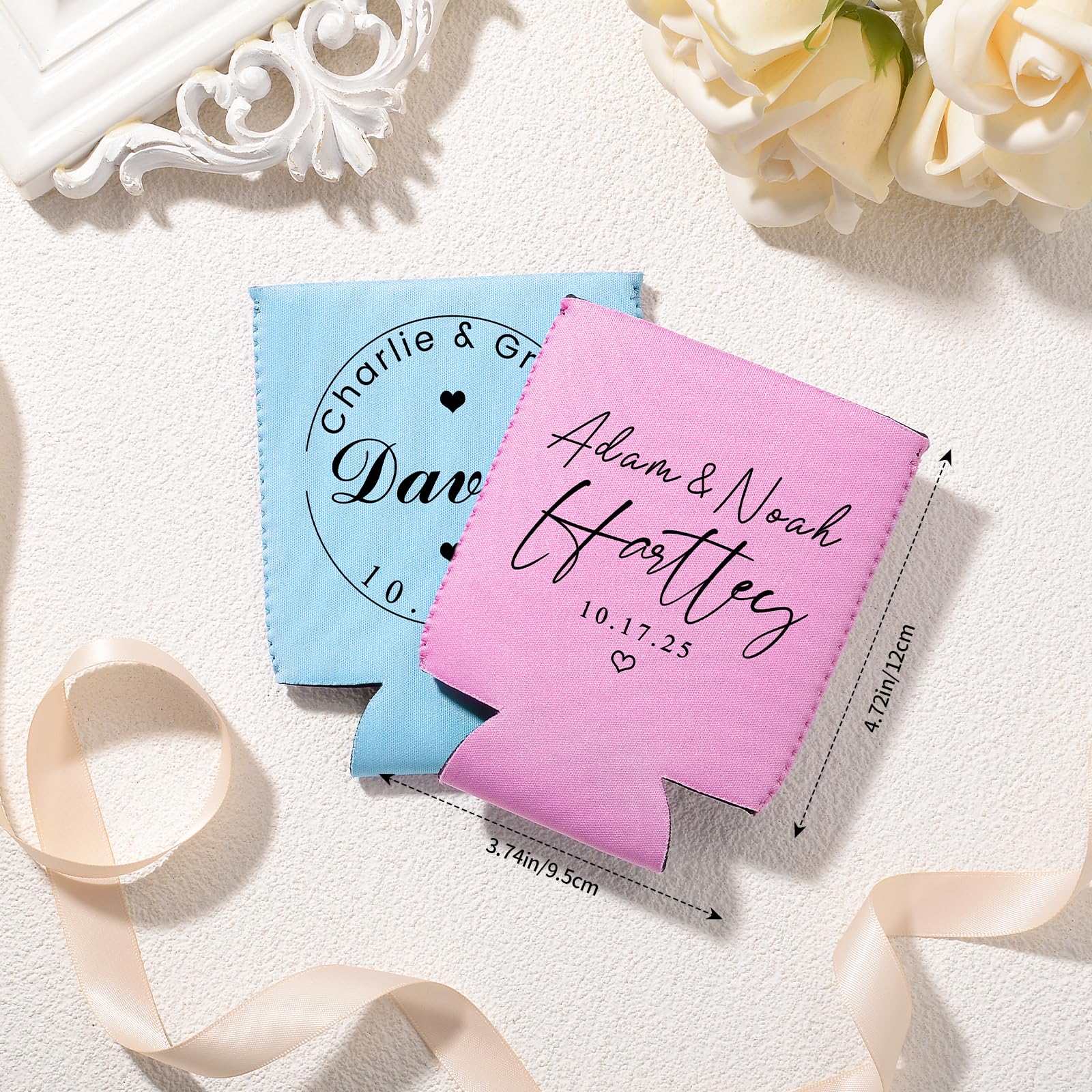 Custom Can Cooler Sleeve 300 Pack Bulk Customized Wedding Gifts Insulated Neoprene Drink Holder Personalized Names & Date for Wedding Reception Favors Engagement Party Decorations