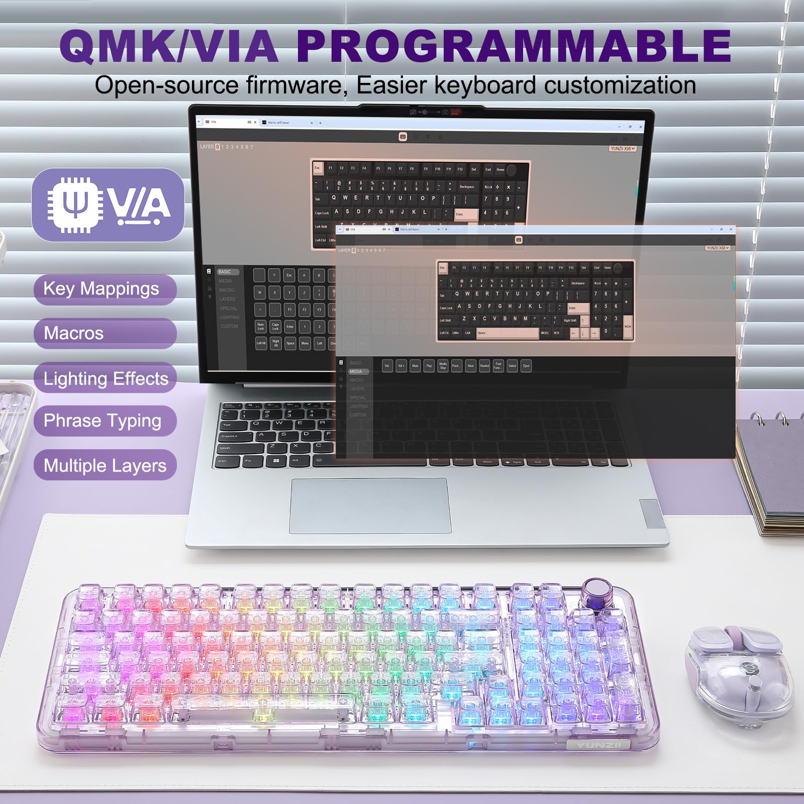 YUNZII X98 Clavier Mécanique Translucide avec Molette(Violet, Neige) | Bluetooth5.0/2,4 Ghz sans Fil/USB-C Filaire, Switch Pré-lubrifiés, Gasket, Hot-Swap, RGB QWERTY pour Win/Mac