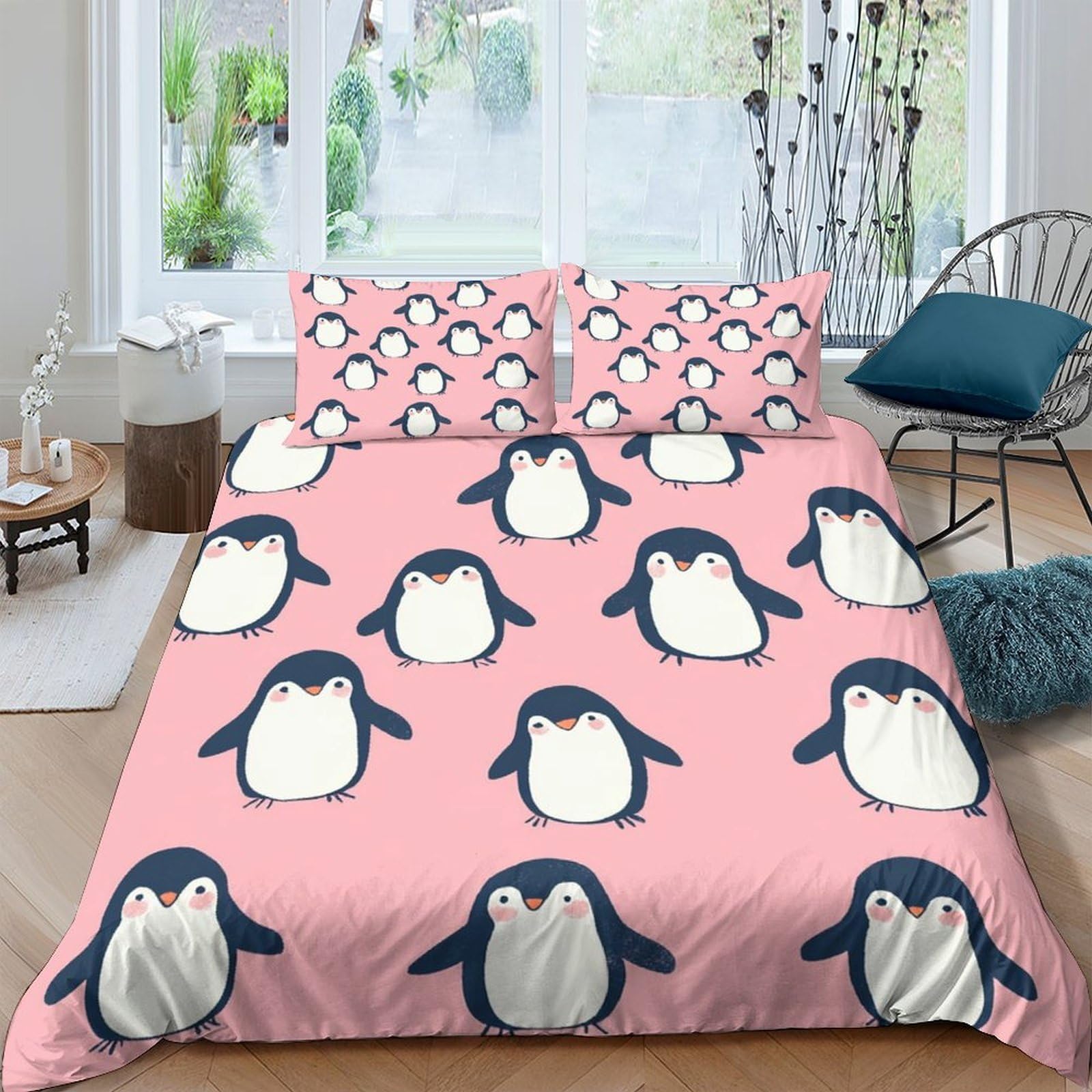 Ctjqhvkz Style-2 3D Printed Pink Penguin Fitted Sheet Microfiber Soft Breathable Cartoon Bed Cover For Bedroom Guestroom Dorm Mattress Decor Single（135X200cm）