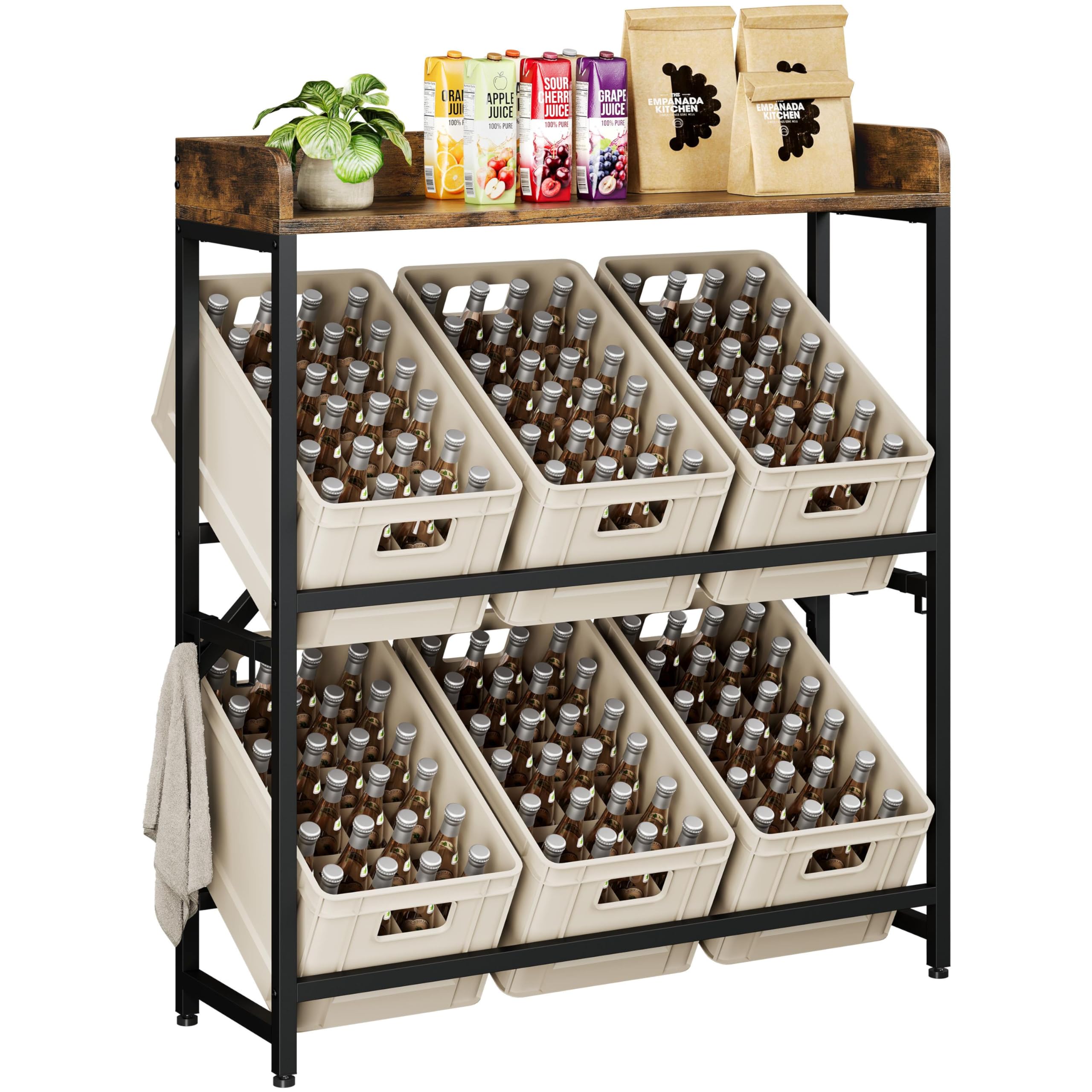 Yaheetech 3-Stufiges Bierkistenregal mit Ablageplatte&4 Seitlichen,Braun | Rustikal-Braun,Landhaus,6 Kisten Kapazität, für Wohnzimmer/Küche/Esszimmer/Garage,Kistenregal,Landhaus-&Industrial-Design