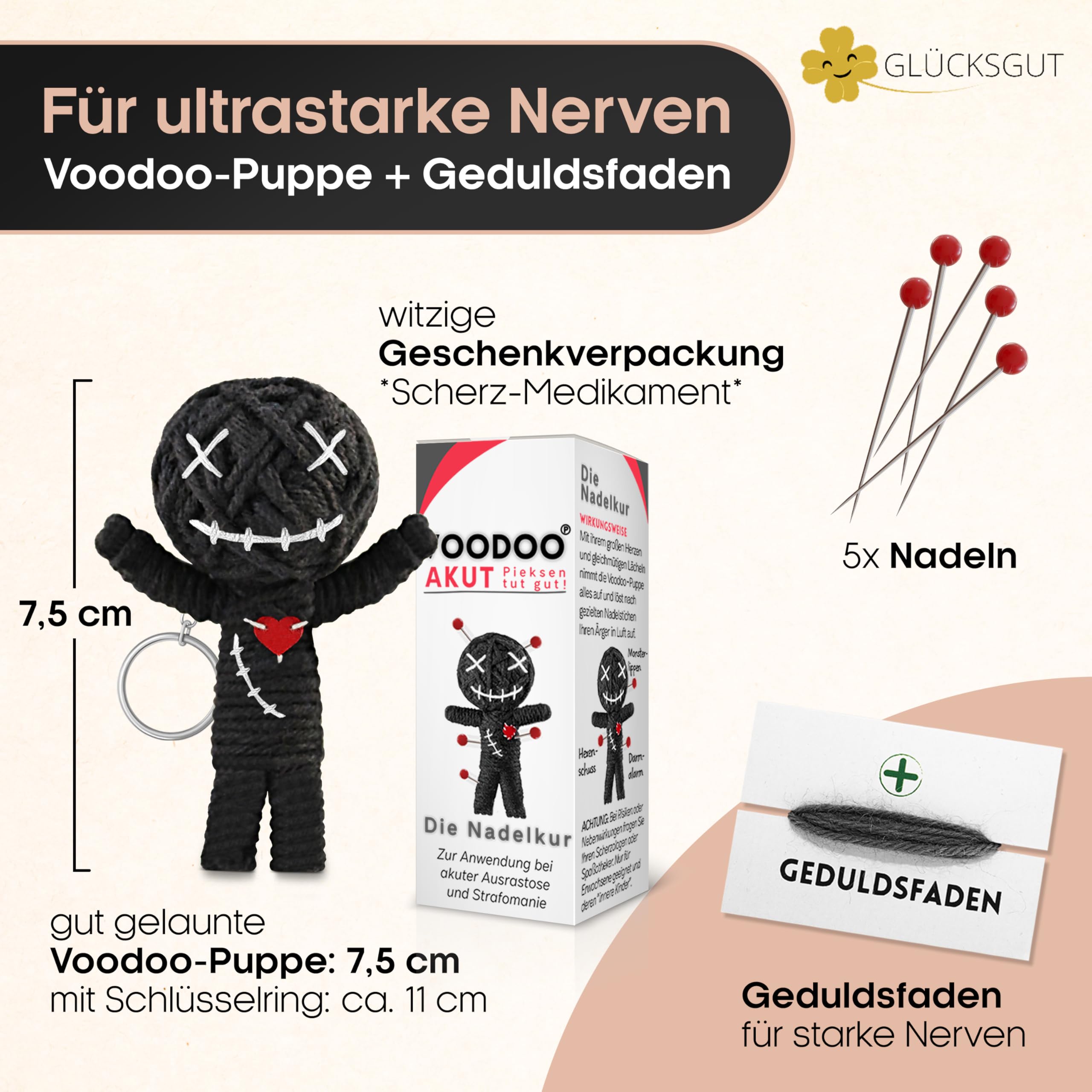 GLÜCKSGUT® Geschenkbox | ERSTE Hilfe für den Job | Lustige Bürobox mit 6 witzigen Helfern | Geschenk Kollegen, Chef, Abschied | Voodoo Puppe, Anti Stress Würfel, Textmarker, Post it´s, Geduldsfaden