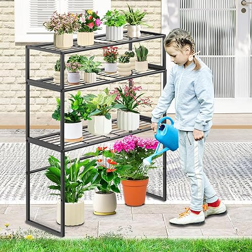 Miniatura 8 de Soporte de metal para plantas para interiores y exteriores, 3 niveles en maceta, estante para plantas, estante de exhibición de macetas resistente