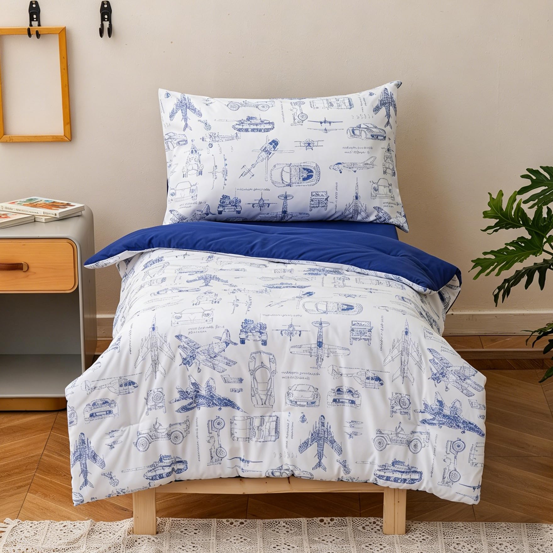 KAREVER Cartoon Toddler Bedding Set Bluey Vehicles Print 4 Pieces Boys Crib Bed Set Kids White Blue Car Plane Print Comforter Set