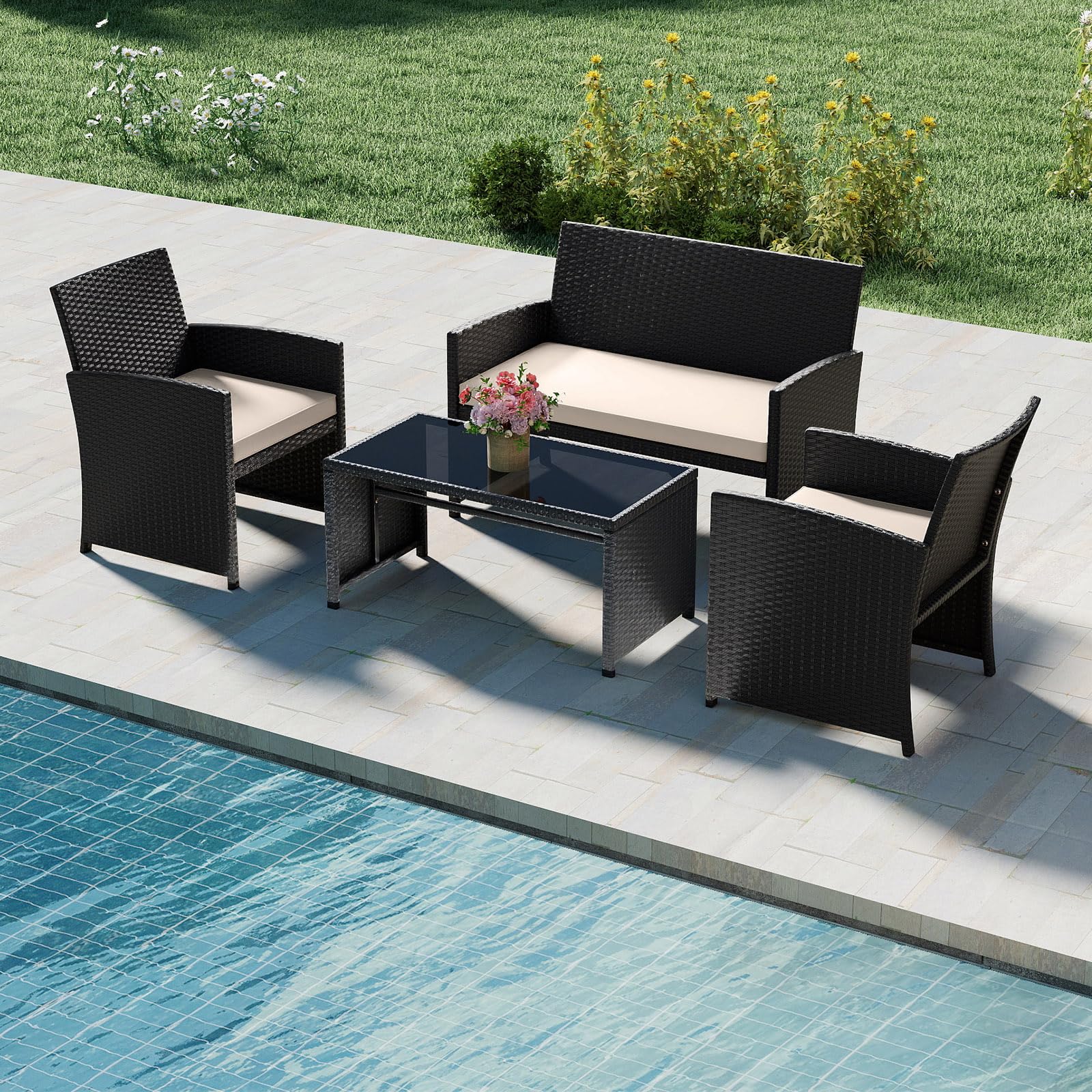 SOARS Gartenmöbel Set aus Polyrattan, Balkonmöbel mit 2 Sesseln, Zweisitzer, Glas-Couchtisch & 4 Sitzkissen, Lounge Möbel Outdoor für 4 Personen für Tarrasse, Balkon & Garten (Schwarz+Beige)