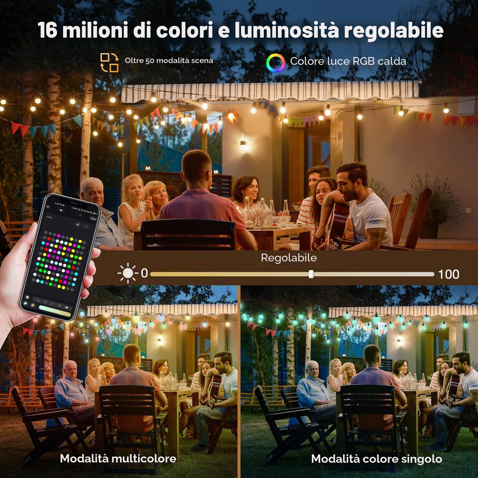 Catena Luminosa Esterno, 100ft/30M 50 Lampadine Catena Luminosa Interno con Telecomando e App, 16 Milioni di Colori e 50 Modalità, Catena Luci Esterno Impermeabile IP68 con Timer per Feste