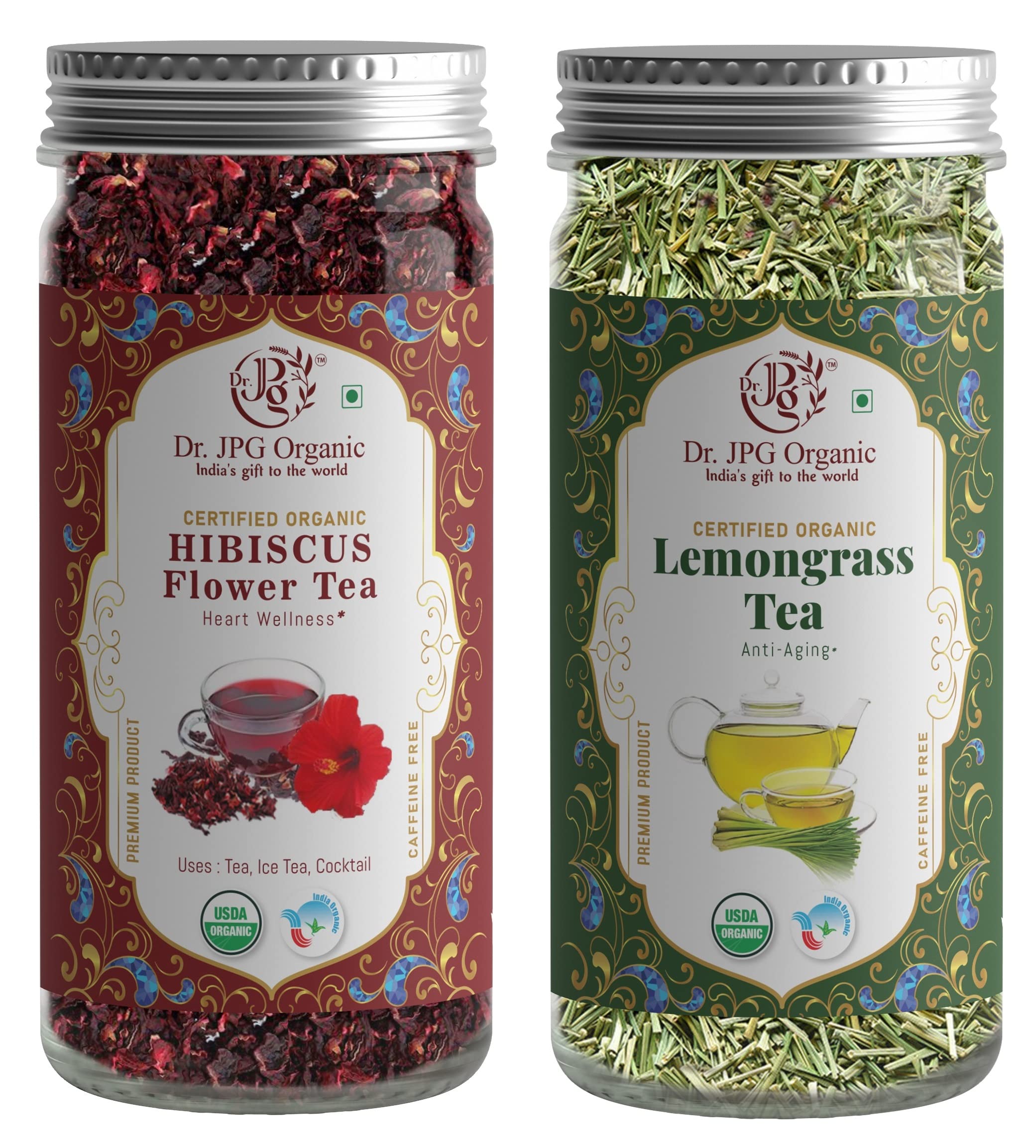 Dr. JPG Organic Hibiscus Flower Tea (50g)+Lemongrass Tea (50g) | INDIA ORGANIC Certified |ISO Certified.