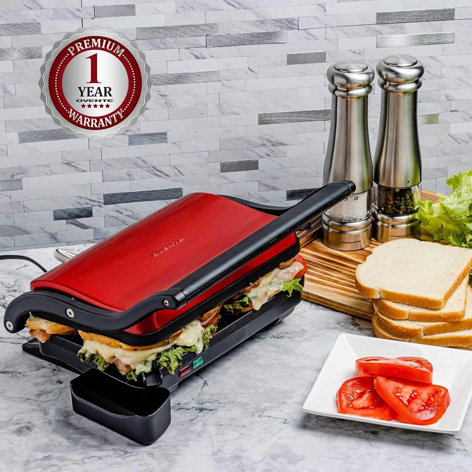Ovente Electric Indoor Panini Press Grill with Non-Stick Double Cooking Plate, 1000W with Thermostat Control and Removable Drip Tray for Easy Clean, Ideal Sandwich Maker for Breakfast, Red GP0620R: Home & Kitchen