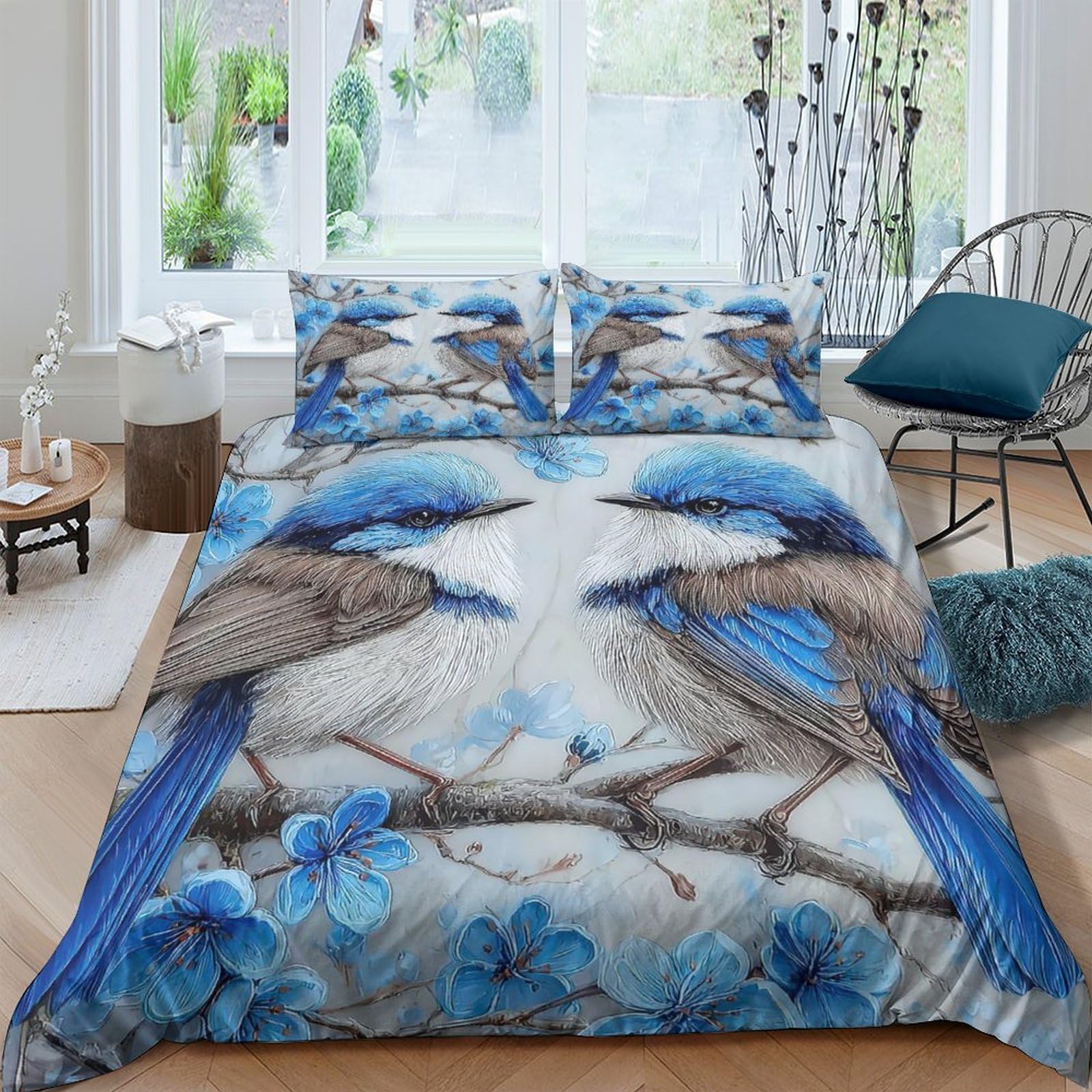 Ctjqhvkz Style-1 3D Printed Blue Bird Branch Fitted Sheet Microfiber Soft Breathable Blossom Mattress Cover Bedroom Decor Single（135X200cm）