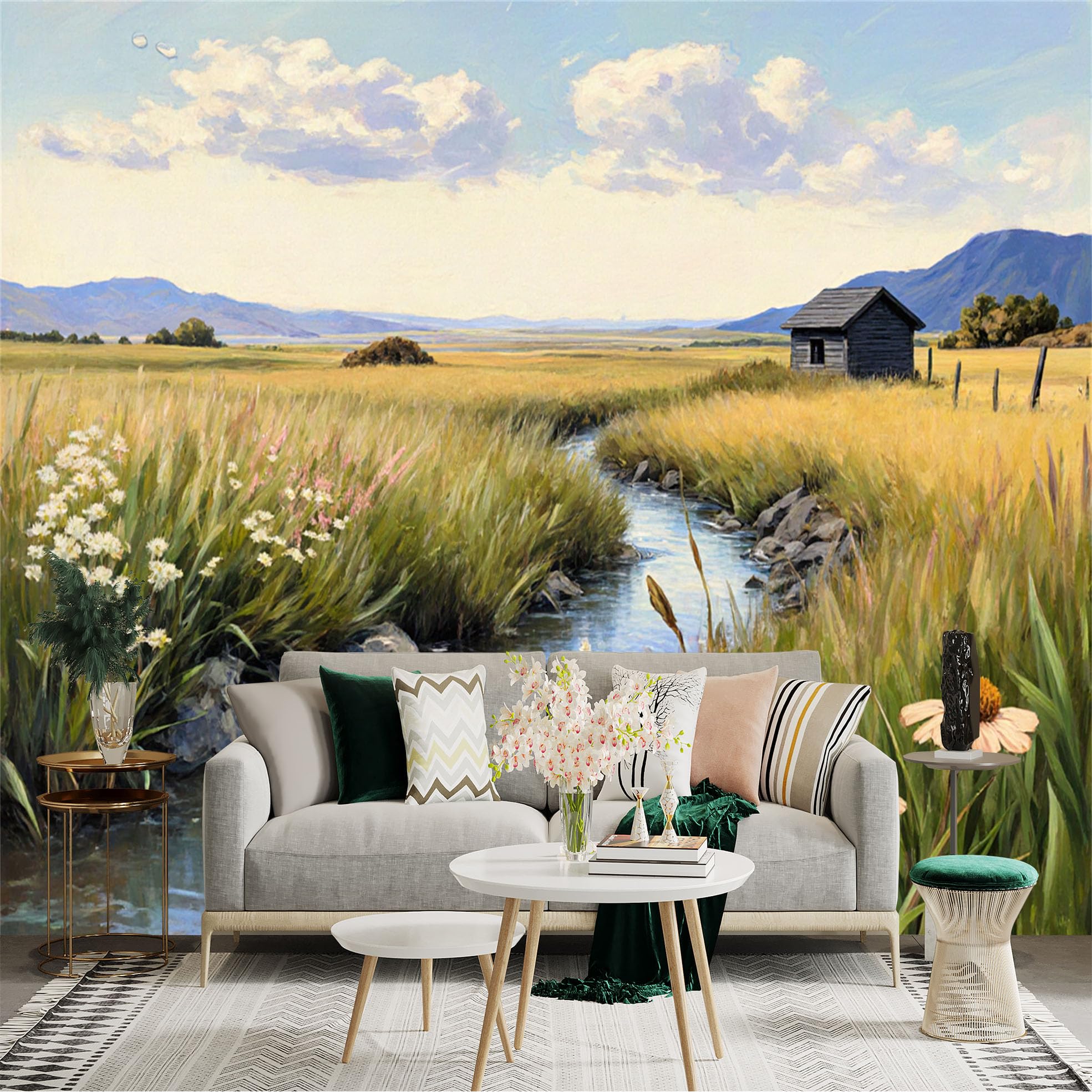 Custom Size Wall Sticker Mural， Countryside Stream with Wildflowers Meadow and Wooden Cabin， for wall Decoration， peelandstick wall Decals.