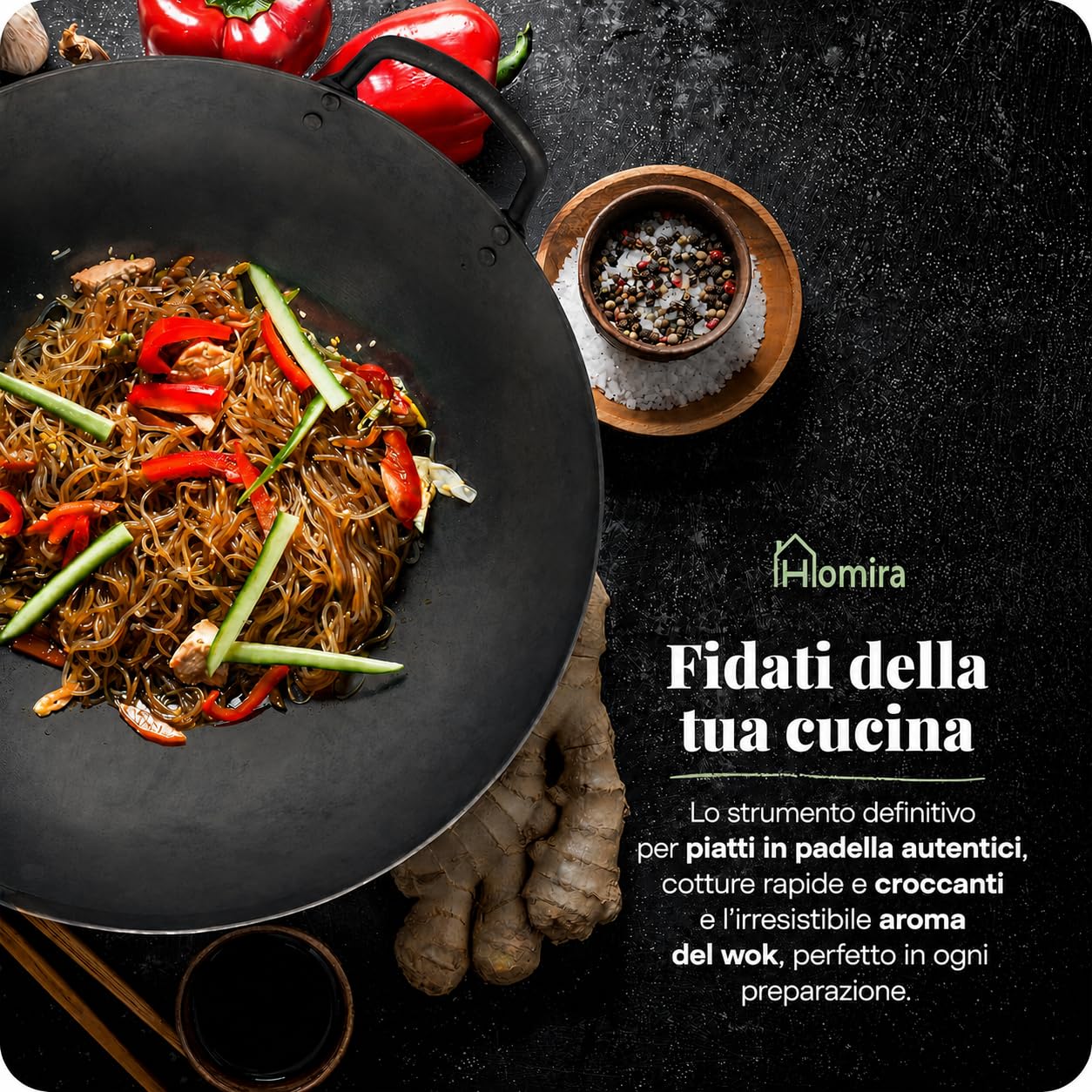 Homira Wok 36 cm in Acciaio al Carbonio, Martellato a Mano, Fondo Piatto e Manico in Legno, Senza PFAS, Padella Wok Cinese per Tutti i Piani Cottura, Induzione, Gas, Barbecue e Outdoor