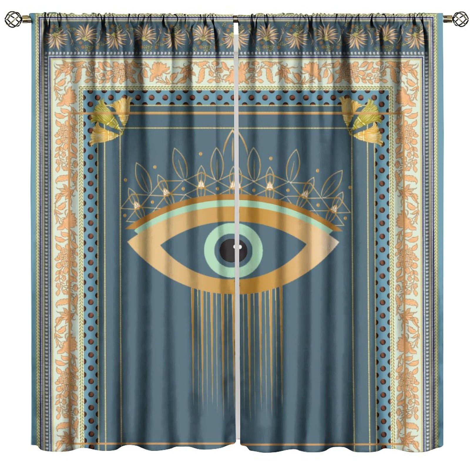 BenYaSong Evil Eye Blackout Window Curtain，Boho Gold Blue Eye Style Prine Drapes for Home Kitchen Restaurant Decoration Window Curtain 2Panel 52" W X