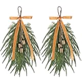 2 Pcs Artificial Christmas Teardrop Swag, 19 Norfolk Pine Christmas Wreaths for Decorating Outdoor, Hanging Vintage Bell Velvet Bow Swag Decorations for Front Door Outdoor Indoor Wall Xmas Home Decor