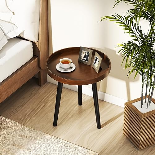 Miniatura 18 de Giantex Mesa auxiliar redonda, mesa auxiliar con bandeja de madera, soporte de trípode resistente y conectores de metal de alta calidad, mesa