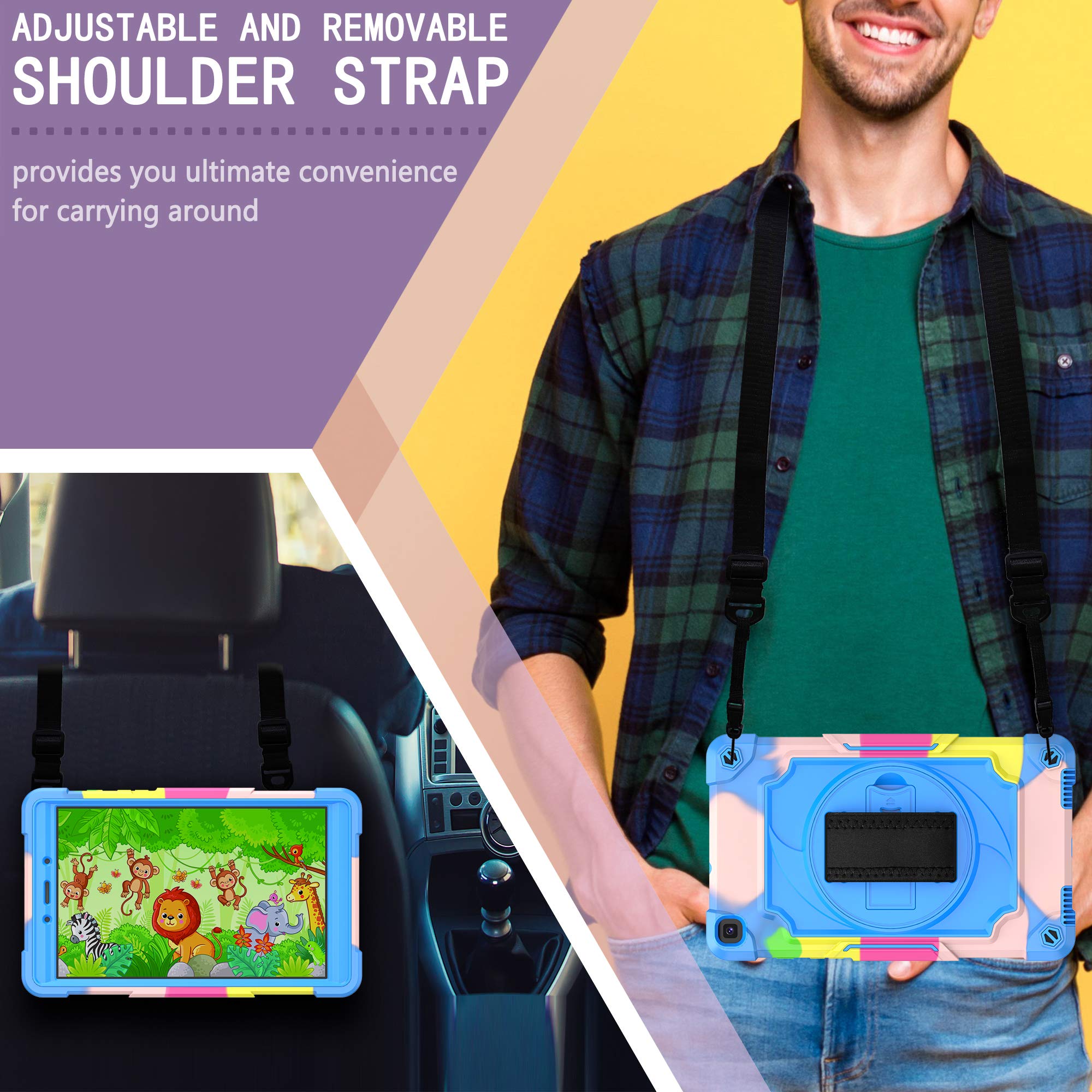 Funda para Galaxy Tab A 8.0 2019 SM-T290/T295, Carcasa Resistente Silicona con Bandolera, Soporte, Correa de Mano para 8.0 Pulgadas Galaxy Tab A 8.0" 2019, Camuflaje/Azul