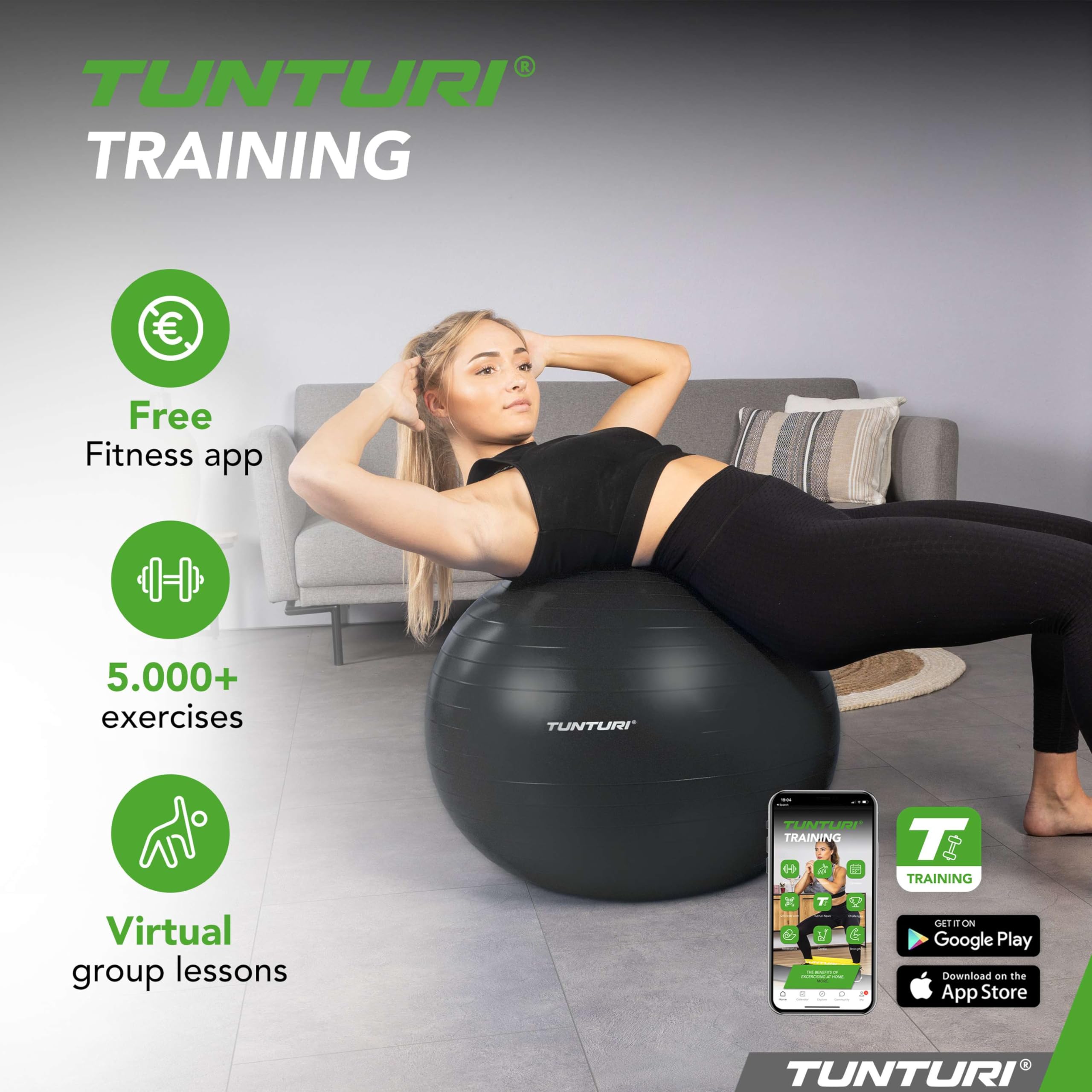 Tunturi Piłka gimnastyczna, 55 cm, 65 cm, 75 cm, 90 cm, piłka do fitnessu, do jogi, pilatesu, do domu, biura