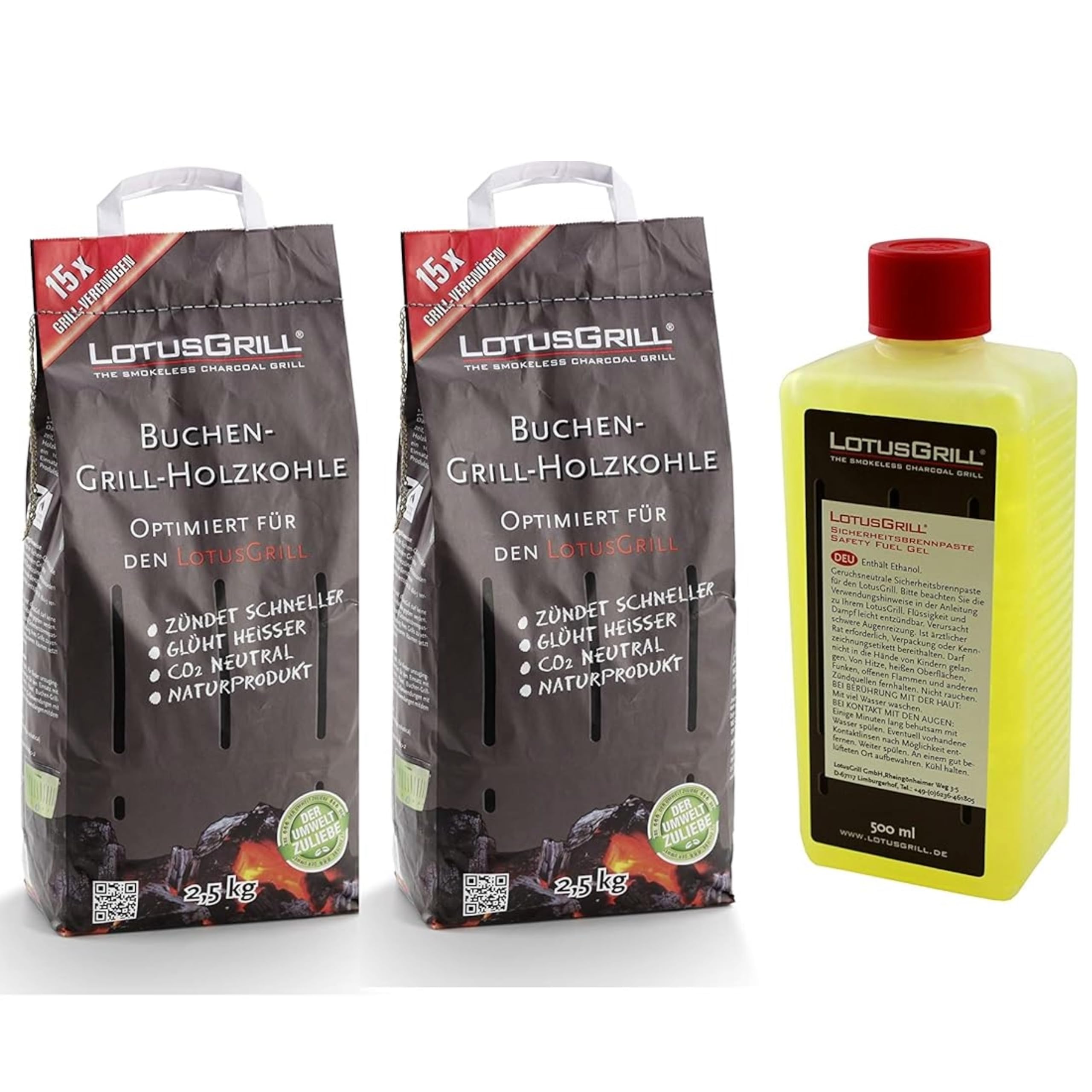 LotusGrill Buchenholzkohle 2X 2,5 kg Sack inkl. Brennpaste 500 ml, beides entwickelt für raucharmes Grillen mit dem LotusGrill