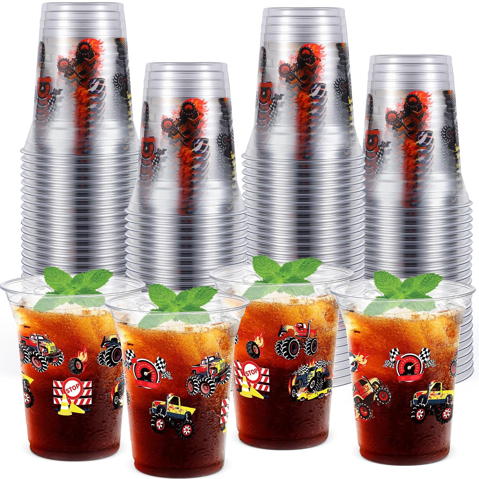 FoldTier 50 Pcs Monster Truck Cups 12 oz Truck Birthday Plastic Cups Clear Machines Jam Disposable Glasses Racing Car Theme Drinking Glasses for Home Kitchen Monster Party Favors Supplies Decoration