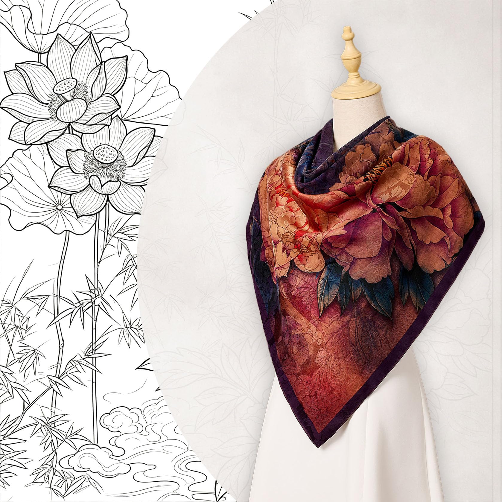 HangErFeng Damski jedwabny szalik Xiangyun fioletowa piwonia lotos kwadratowy szal 1656
