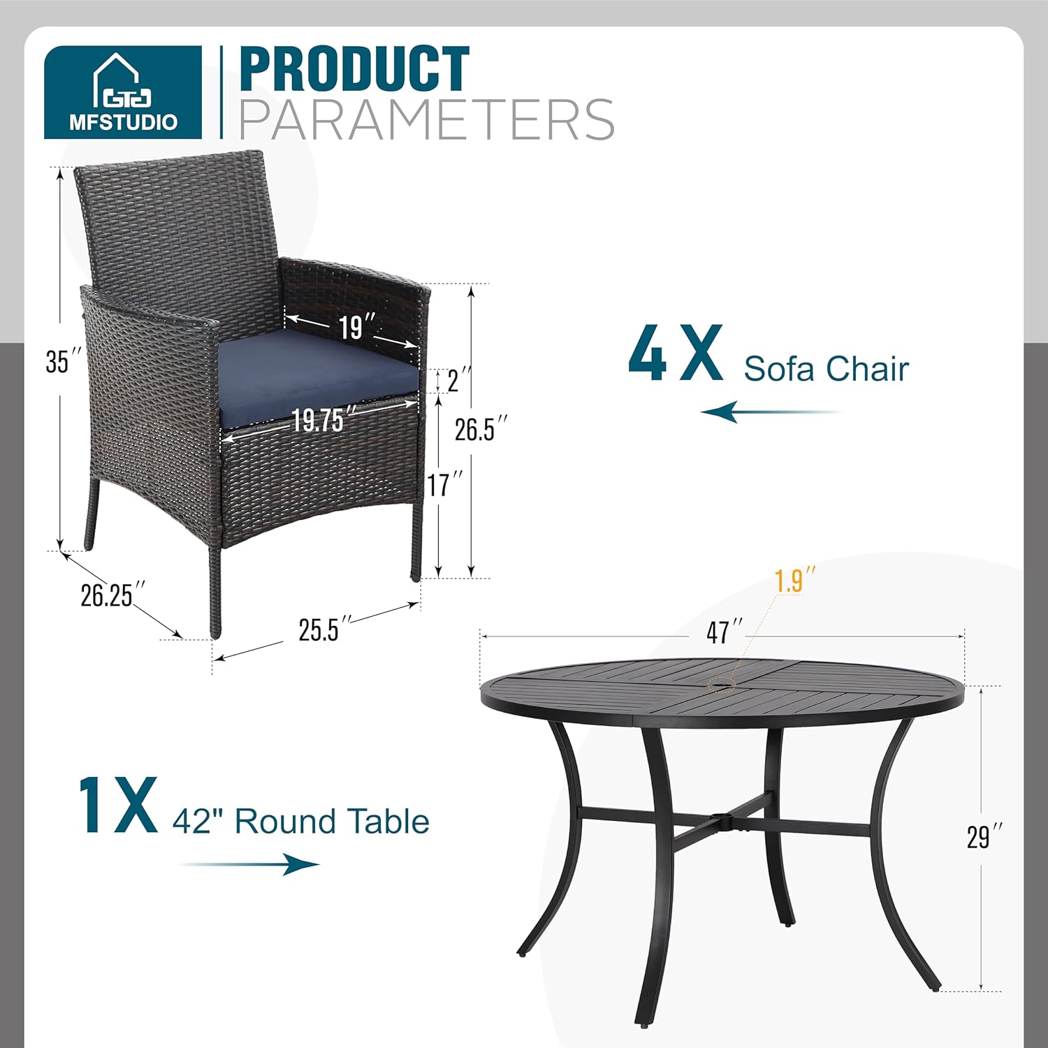 MFSTUDIO 5 Pieces Patio Dining Set, Patio Table and Chairs for 4, Outdoor 42" Round Table with Wicker Chairs, Patio Dininig Furniture Set Wicker, Backyard, Porch