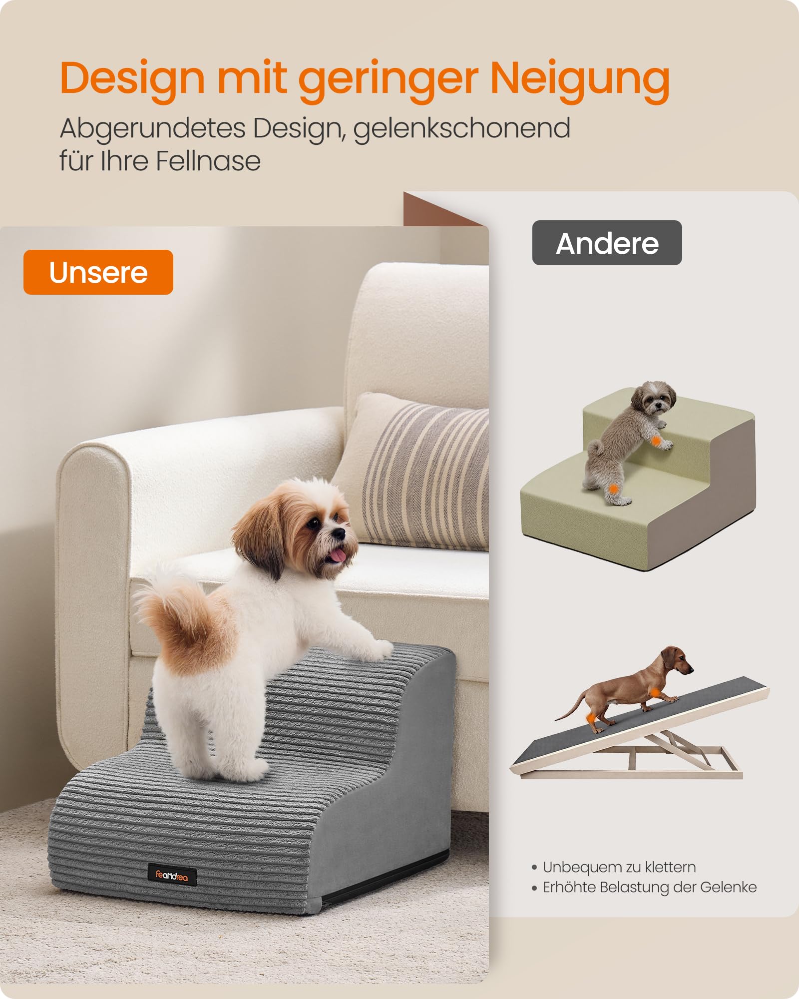 Feandrea Hundetreppe, 2 Stufen, Haustiertreppe, für kleine Hunde, Bett, Sofa, wasserdichte Katzentreppe, rutschfest, gringe Neigung, Abnehmbarer waschbarer Bezug, Griff, Taubengrau PPS002G01