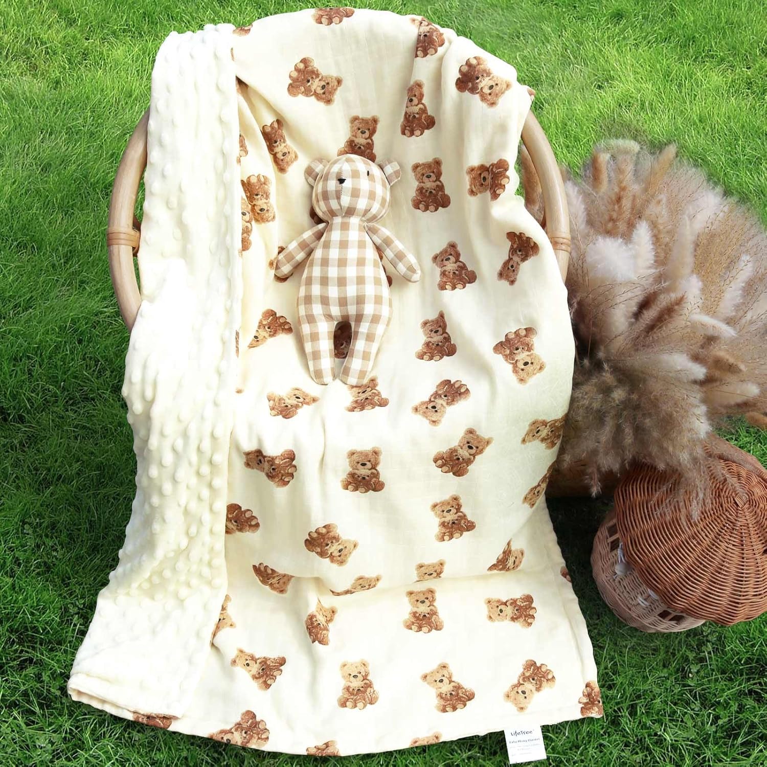 LifeTree Baby Girl & Boy Blankets, Soft Double Layer Swaddle Blankets, Muslin Front and Dotted Fleece Backing Receiving Bed Throw Blanket for Newborn Unisex, 31X40 Inches, Bear Pattern - Image 8
