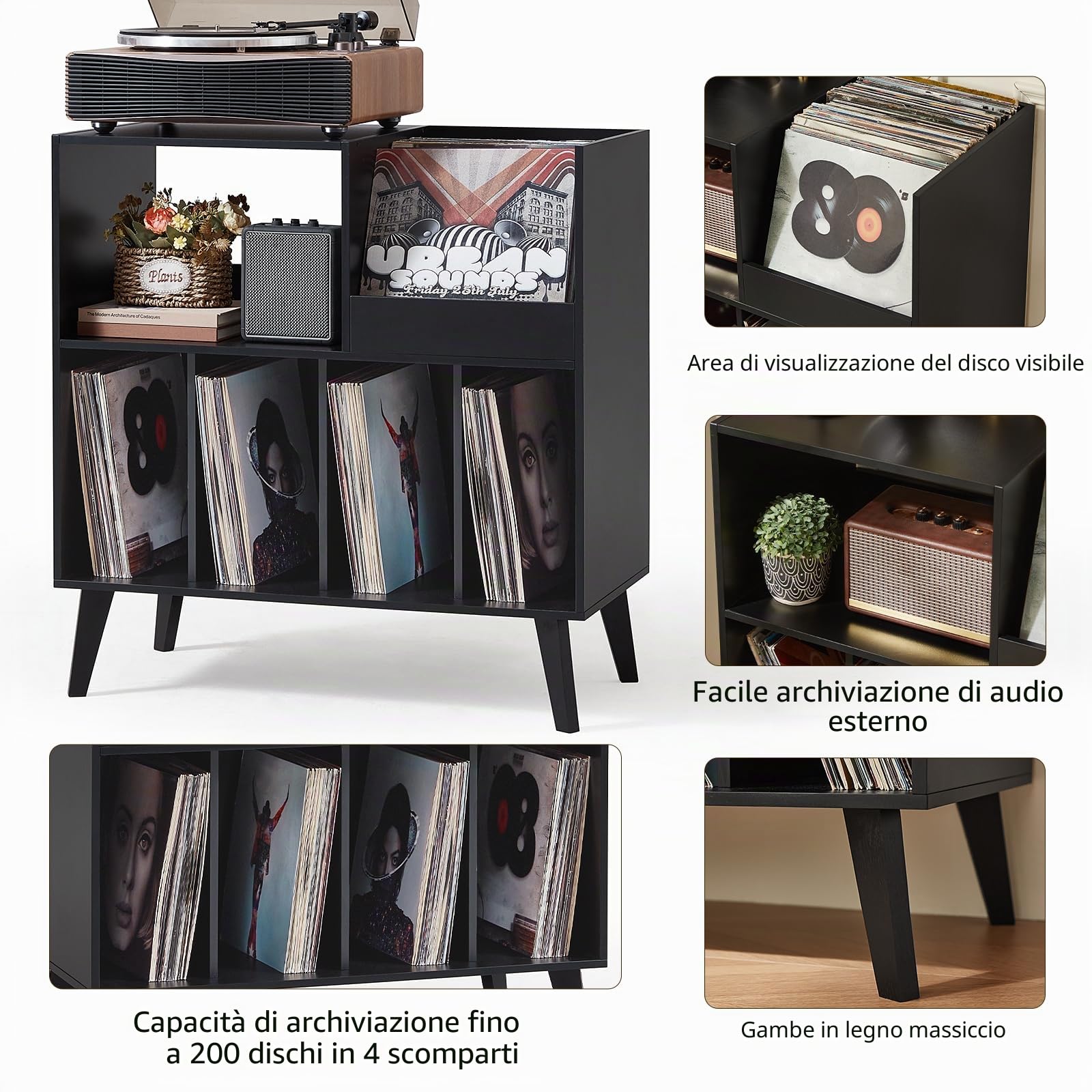 Grande supporto per dischi con contenitore e ripiano, supporto in vinile con superficie di presentazione per fino a 300 album, soluzione per riporre la musica e il soggiorno