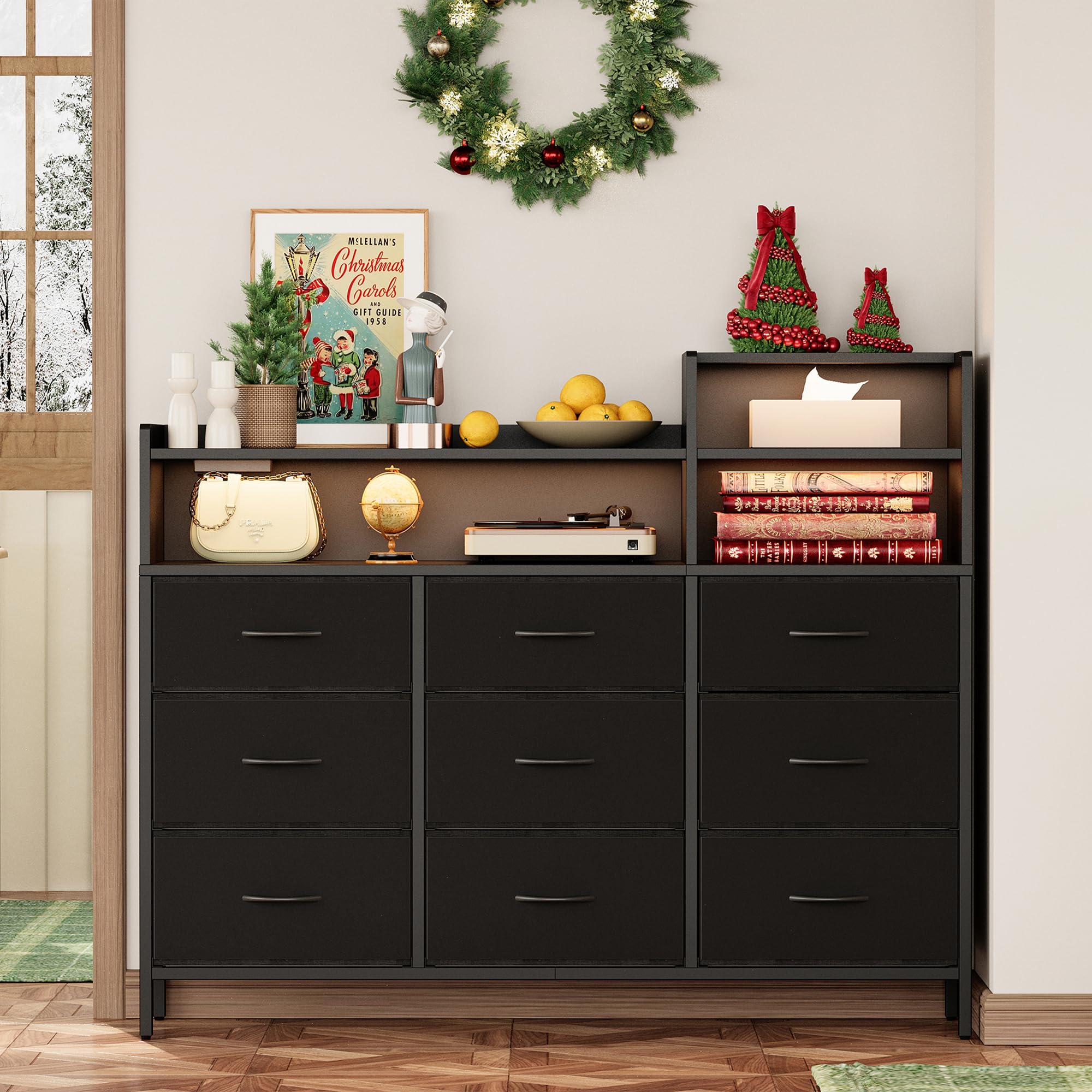 IRONCK Commode de Rangement Moderne avec lumière LED et Station de Charge, 9 tiroirs en Tissu et 3 étagères Ouvertes en Bois, pour Chambre à Coucher, Salon, Couloir, Placard (Noir)