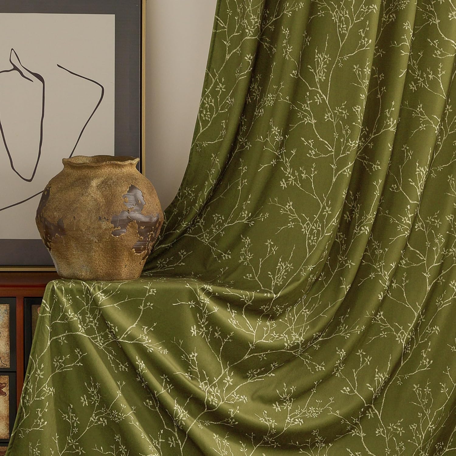 StangH Olive Green Vintage Velvet Curtains for Bedroom, Modern Mid-Century Twig & Floral Print Curtains Earthy Privacy Light Filtering Window Treatments for Living Room, W52 x L84, 2 Panels