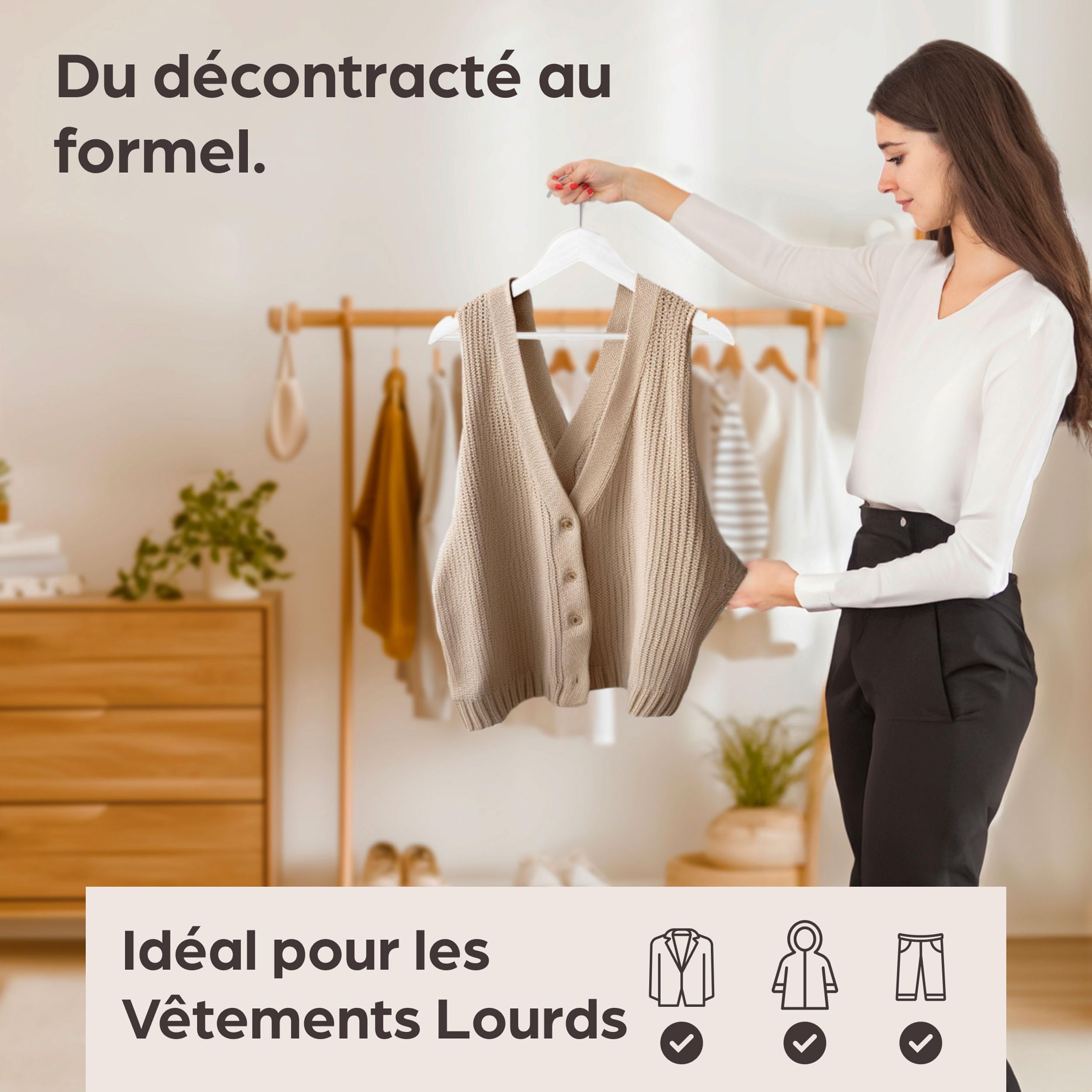 Praknu 20 Cintres en Bois Blanc - Crochet Pivotant à 360° - Encoches sur Les épaules - avec Barre Pantalon - Bois Massif Certifié FSC