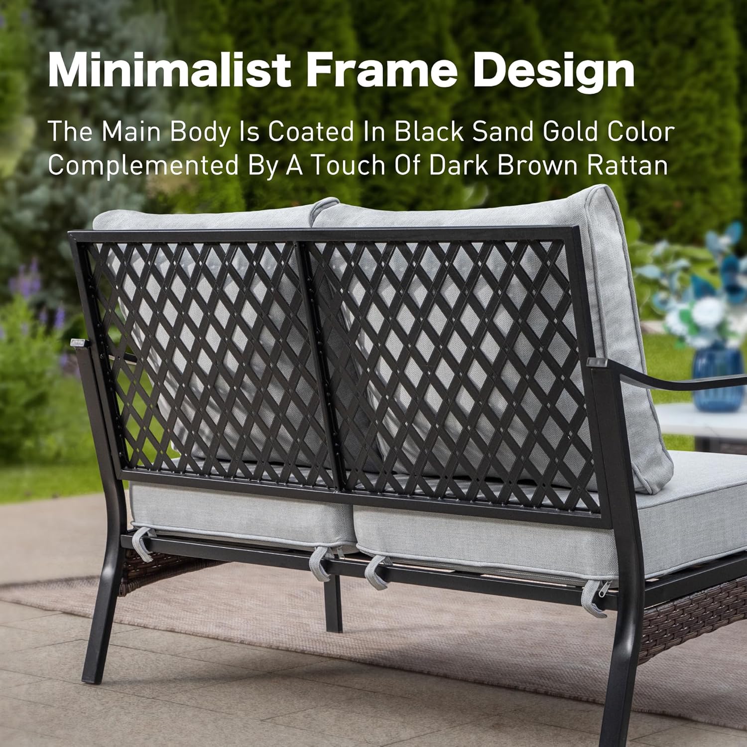 Metal Patio Furniture Loveseat with 5.75" Extra Thick Waterproof Cushion, 2-Seater Deep Seating & High-Back Black Outdoor Couch All Weather Outdoor Seating for Gazebo Porch, Light Gray