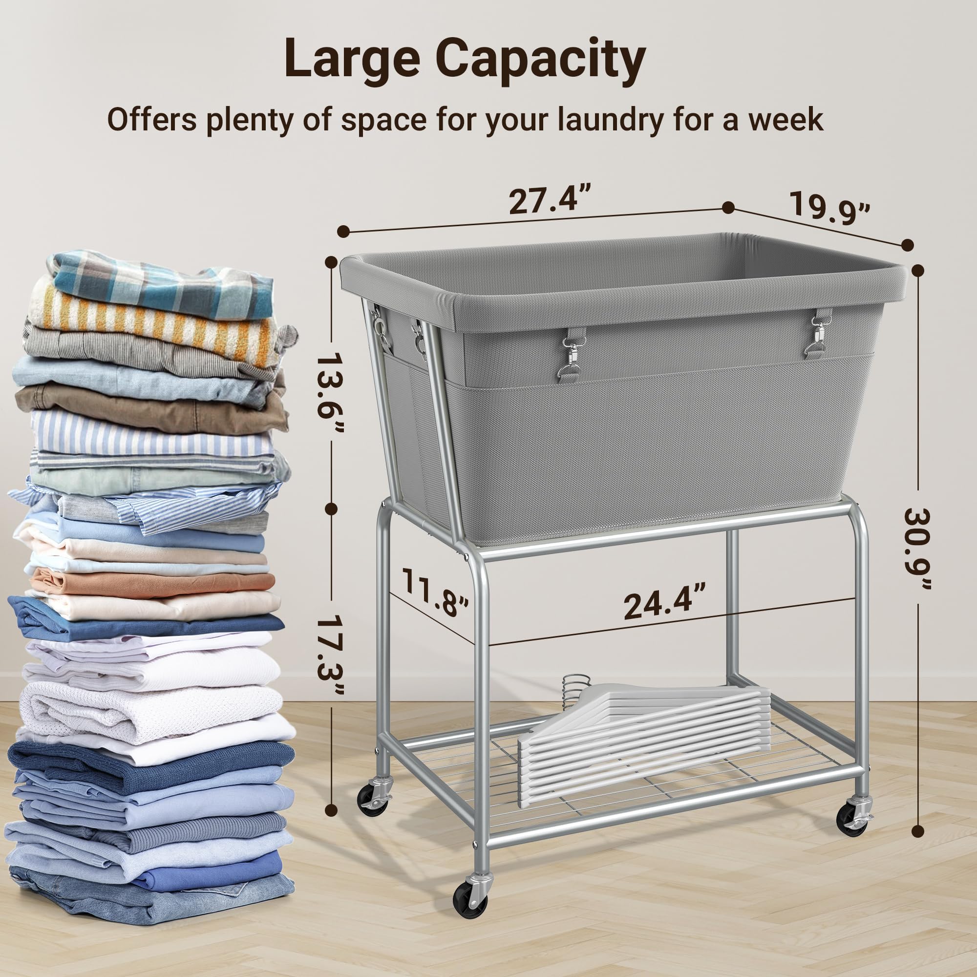 ELYKEN Cesto portabiancheria su ruote, cesto portabiancheria con ripiano in metallo resistente, 120 l, organizer per lavanderia, camera da letto, bagno ETHLC07G1