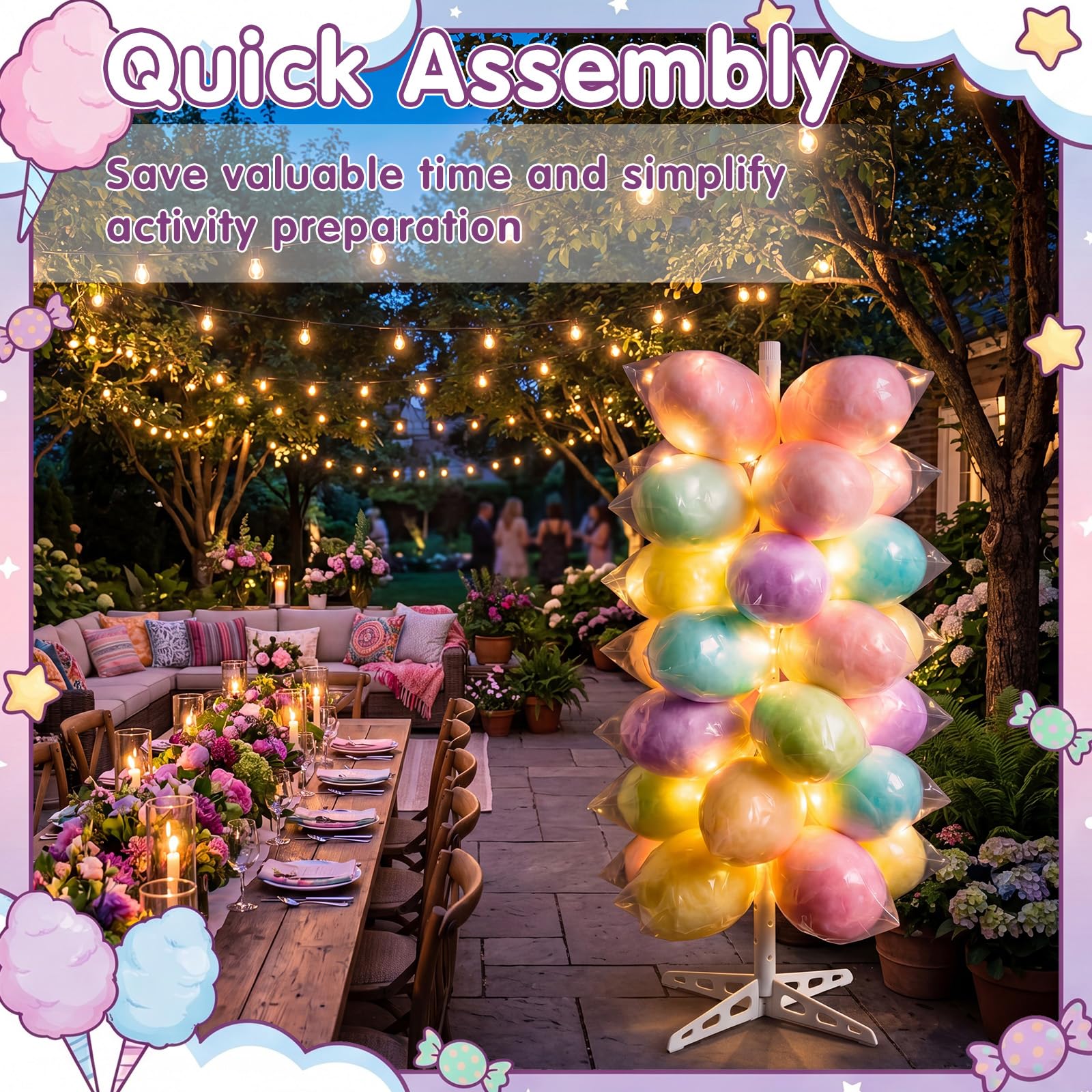 Novabright Plastikowy stojak na cukierki, 1,60 m, z oświetleniem LED, 64 otwory, regulowany, stojak na watę cukrową, artykuły imprezowe, urodziny, baby shower, ślub, 1,60 m