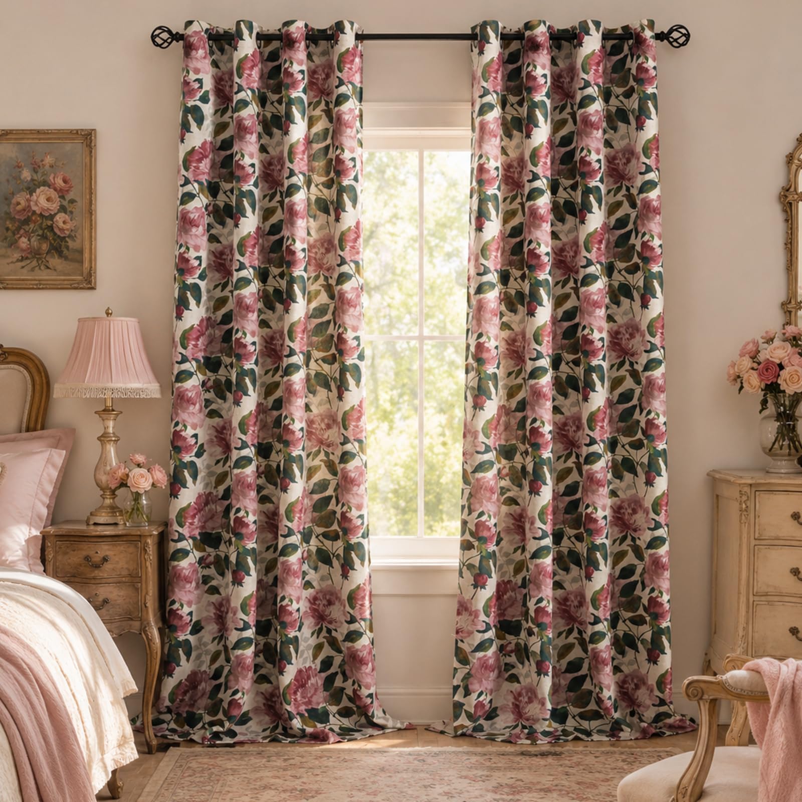 ALIGOGO Pink Floral Linen Curtains for Living Room, 50" W x 90" L, 2 Panels