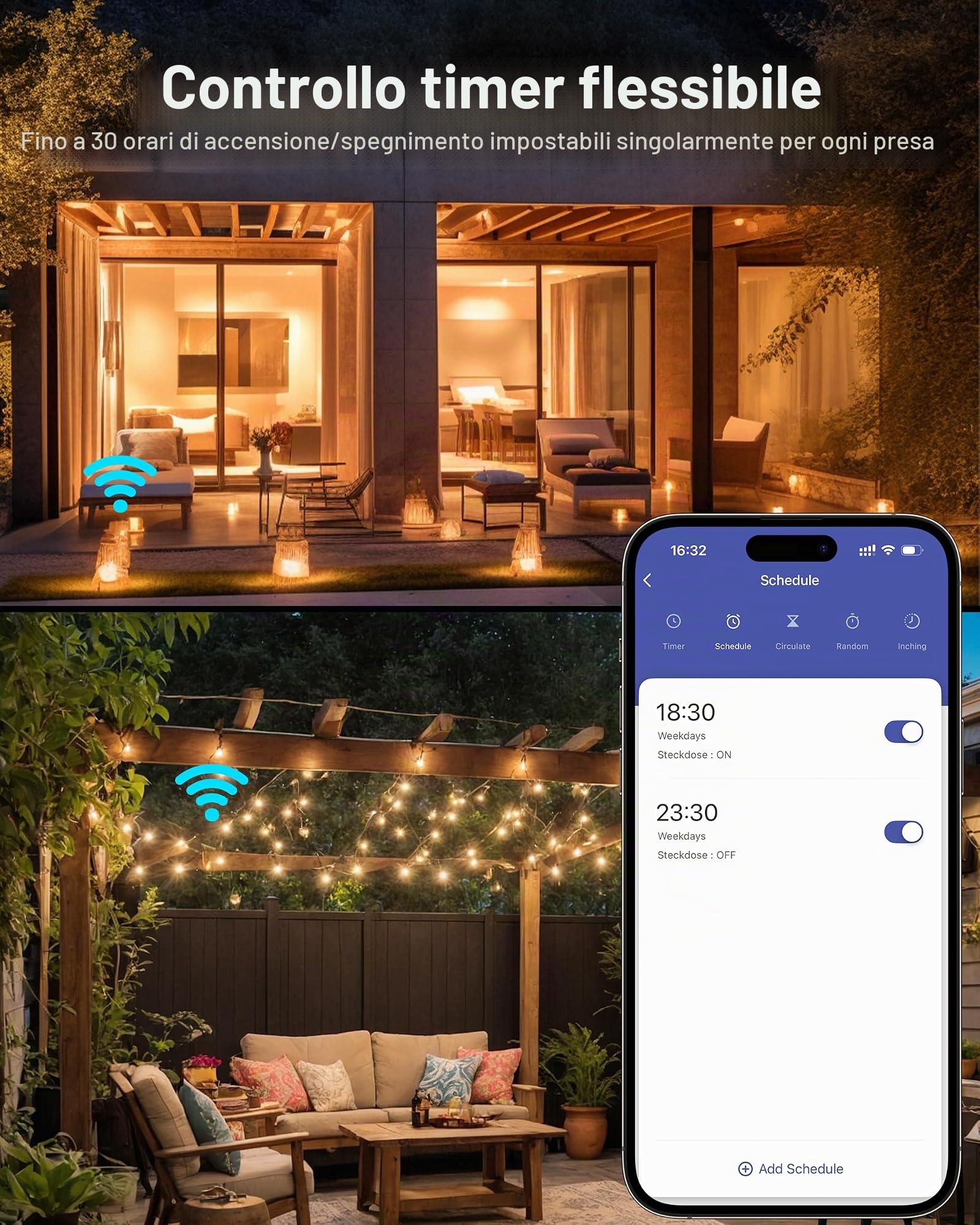 HBN Presa WLAN Outdoor con 2 uscite, 16 A 3600 W Smart presa esterna, IP54 impermeabile, doppia presa Wi-Fi per esterni, compatibile con Alexa e Google Assistant, cavo da 1,5 m