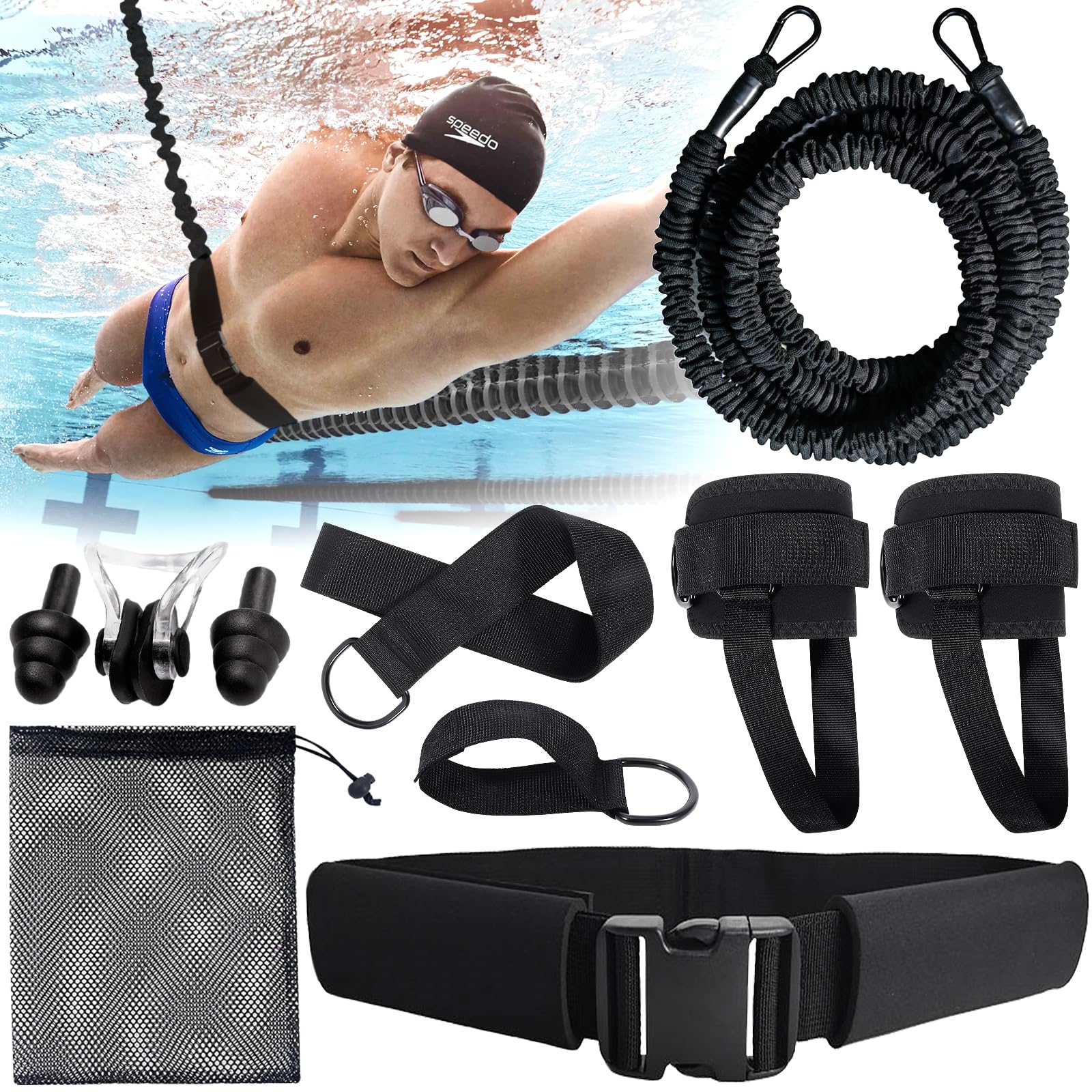 Cintura da Nuoto per Piscina,Cintura per Allenamento di Nuoto,Elastico Nuoto Statico Piscina 2,5 m-7,5 m,Guinzaglio di Resistenza Regolabile per Swim Training per Adulti e Bambini