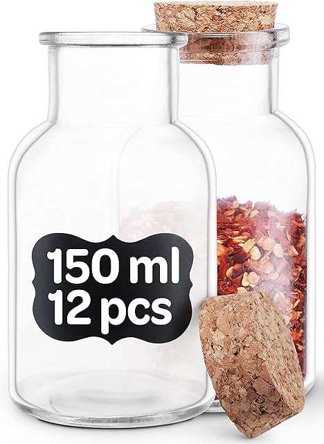 12 Glass Spice Jars 150ml - Air Tight - With Cork Lid, Labels and Marker - Dishwasher Safe - Storage Containers for Spices