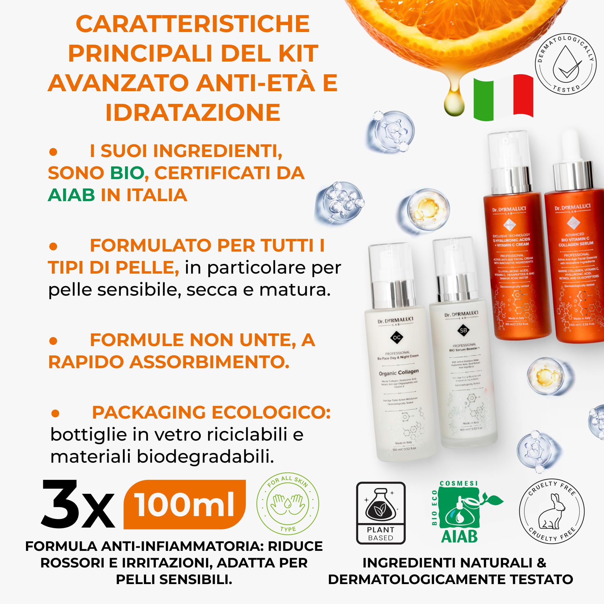 Dr. Dermaluci Lab Cofanetto Regalo Antirughe Donna Uomo Compleanno - Idrata, Rassoda, Illumina - Vitamina C, Collagene Marino, Acido Ialuronico, Retinolo - AIAB BIO, Made in Italy - 400ml