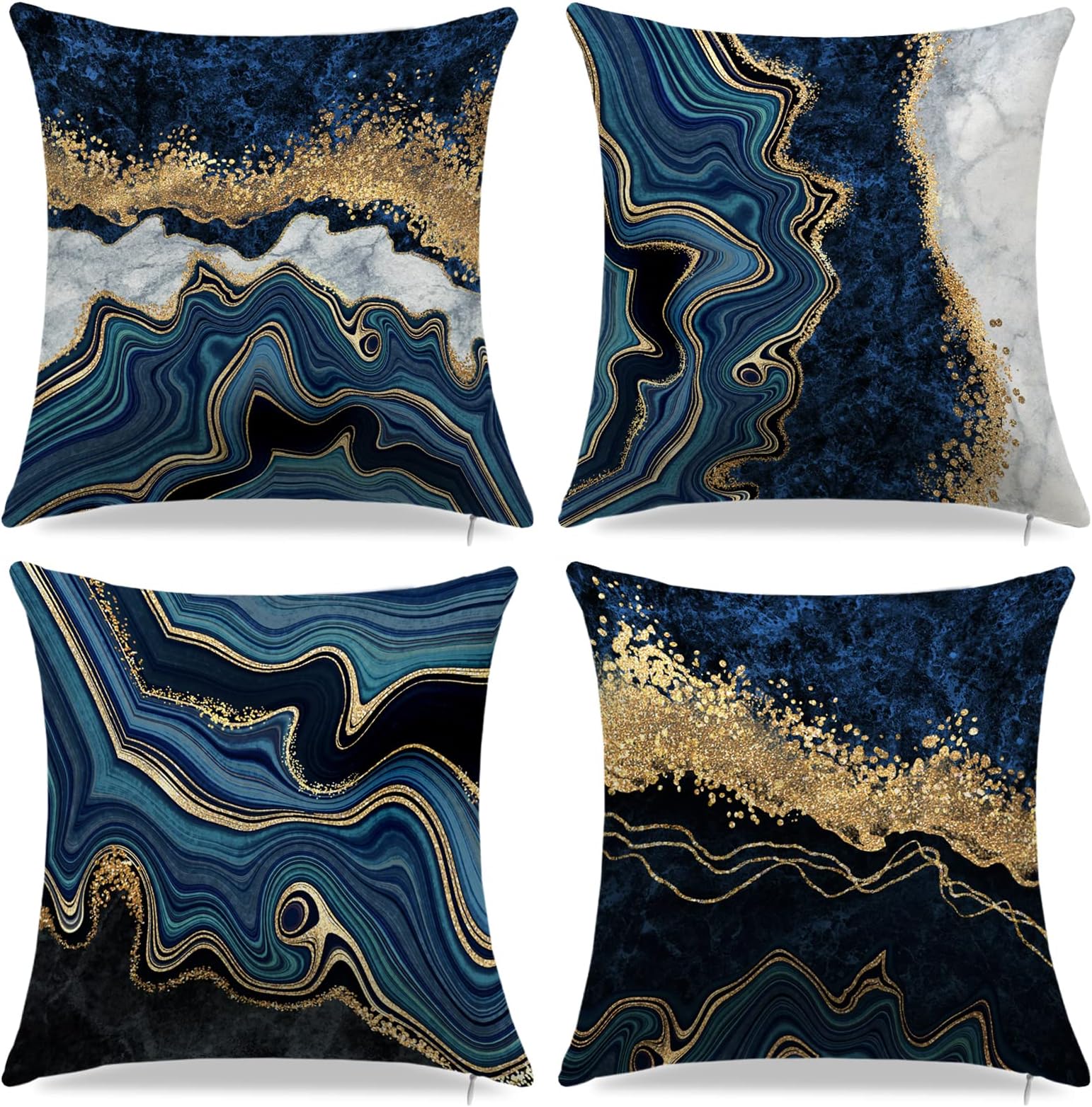 Blue and Gold Throw Pillows Covers, Decorative Gold and Blue Abstract Marble Pillow Covers 18" x 18", Blue and Gold Cushion Covers Sofa Living Room Couch Home Decor Pillowcase Set of 4