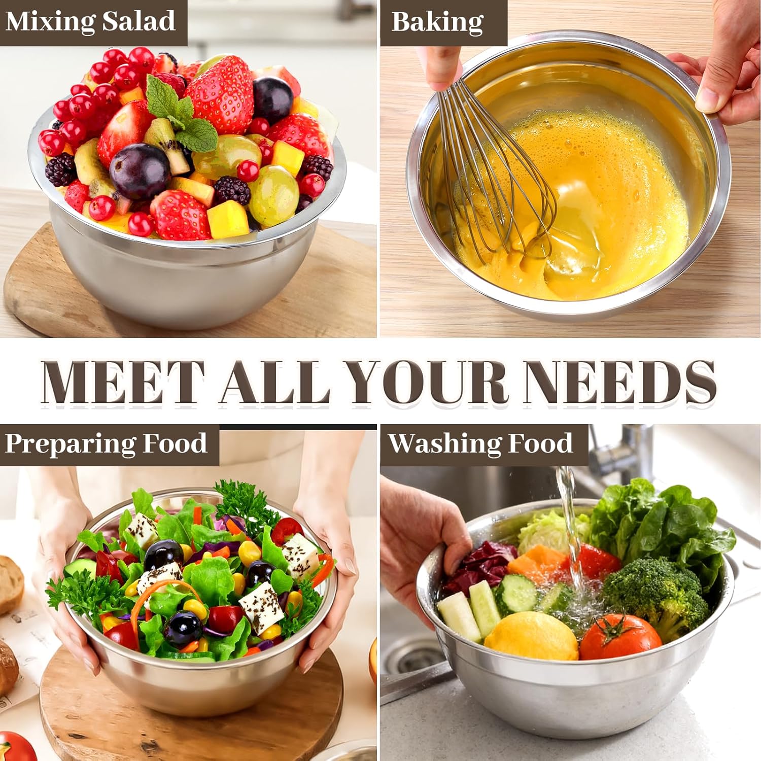Mixing Bowls with Lids Set - 7PCS Nesting Mixing Bowls, Airtight Lids, Stainless Steel Mixing Bowls for Mixing, Baking & Meal Prep, Dishwasher Safe, Size 0.7/1.1/1.5/2.1/3.5/4/4.5 QT, Khaki