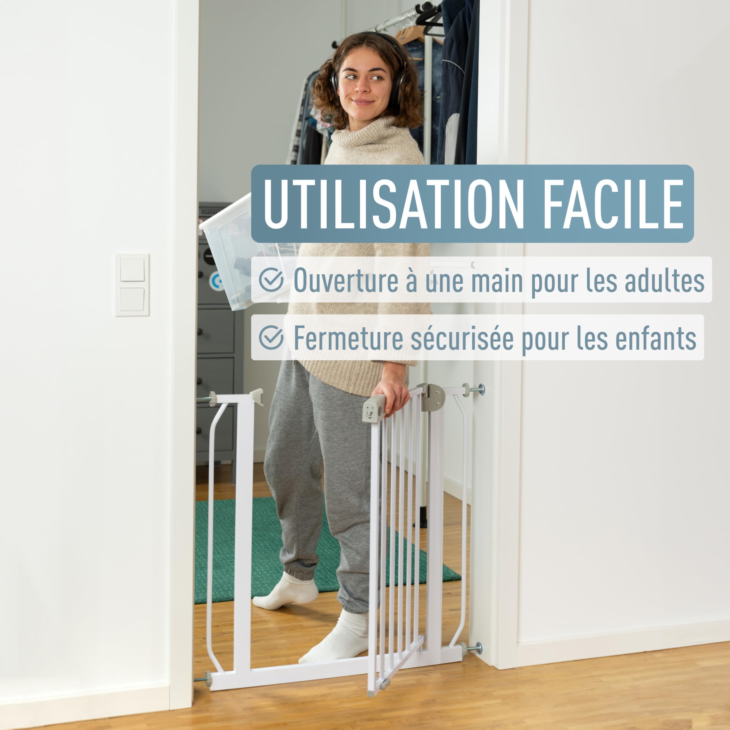 ib style Barrière de Sécurité Berrin XXL 85-185 - Passage Extra-Large, Installation Facile sans Perçage, Enfant Escalier, pour Enfants 6 a 24 Mois, 135-145 cm, Blanc